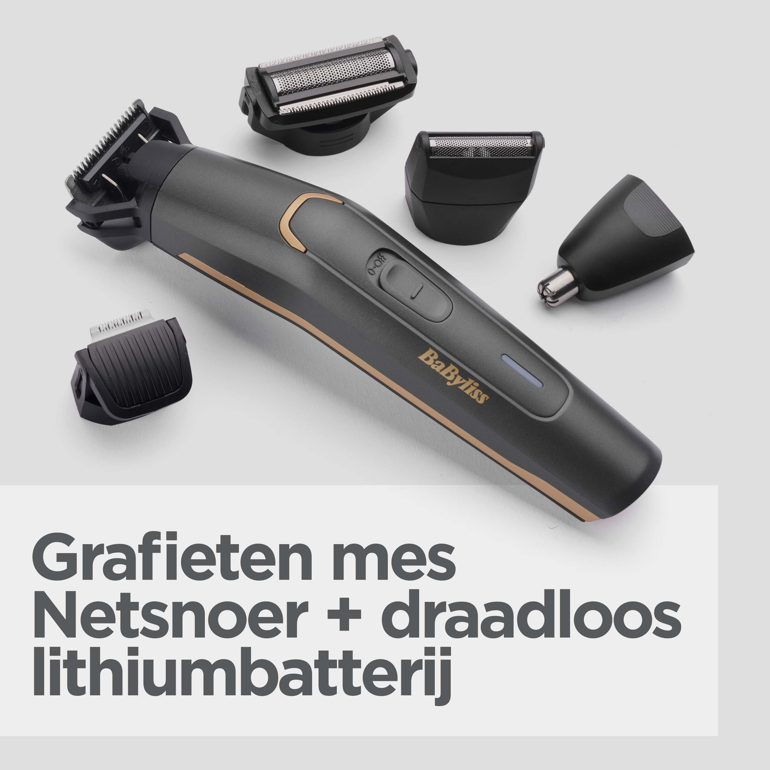 A black and gold Babyliss hair trimmer with multiple attachments. The text says: Grafieten mes Netsnoer + draadloos lithiumbatterij.