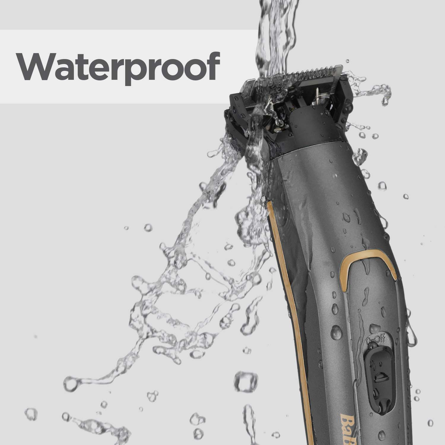 A waterproof trimmer is shown with water pouring on it. The trimmer is grey and black with gold accents. The word "Waterproof" is above.