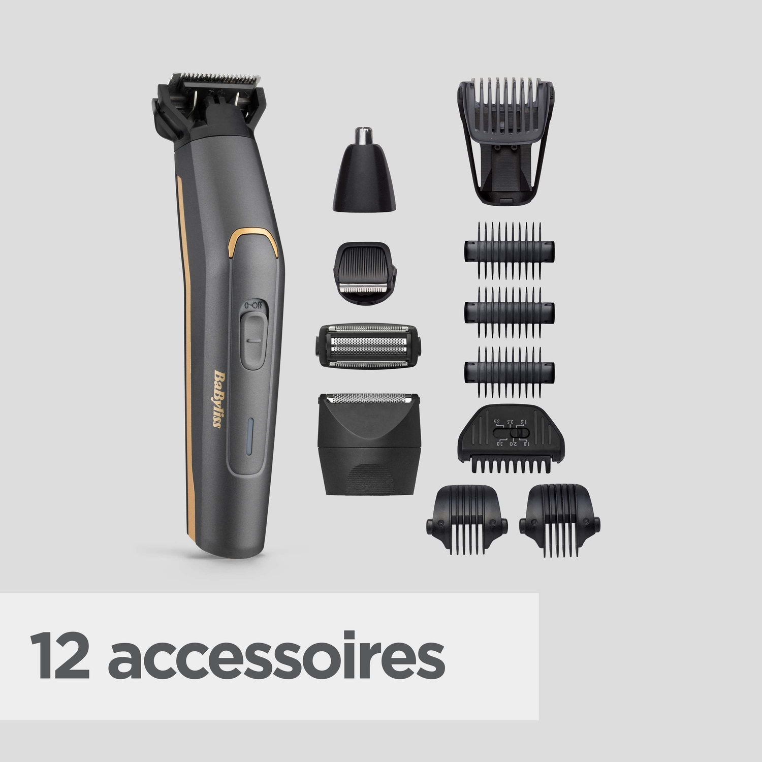 A Babyliss beard trimmer with 12 accessories, including different heads and guards, arranged on a light gray background.