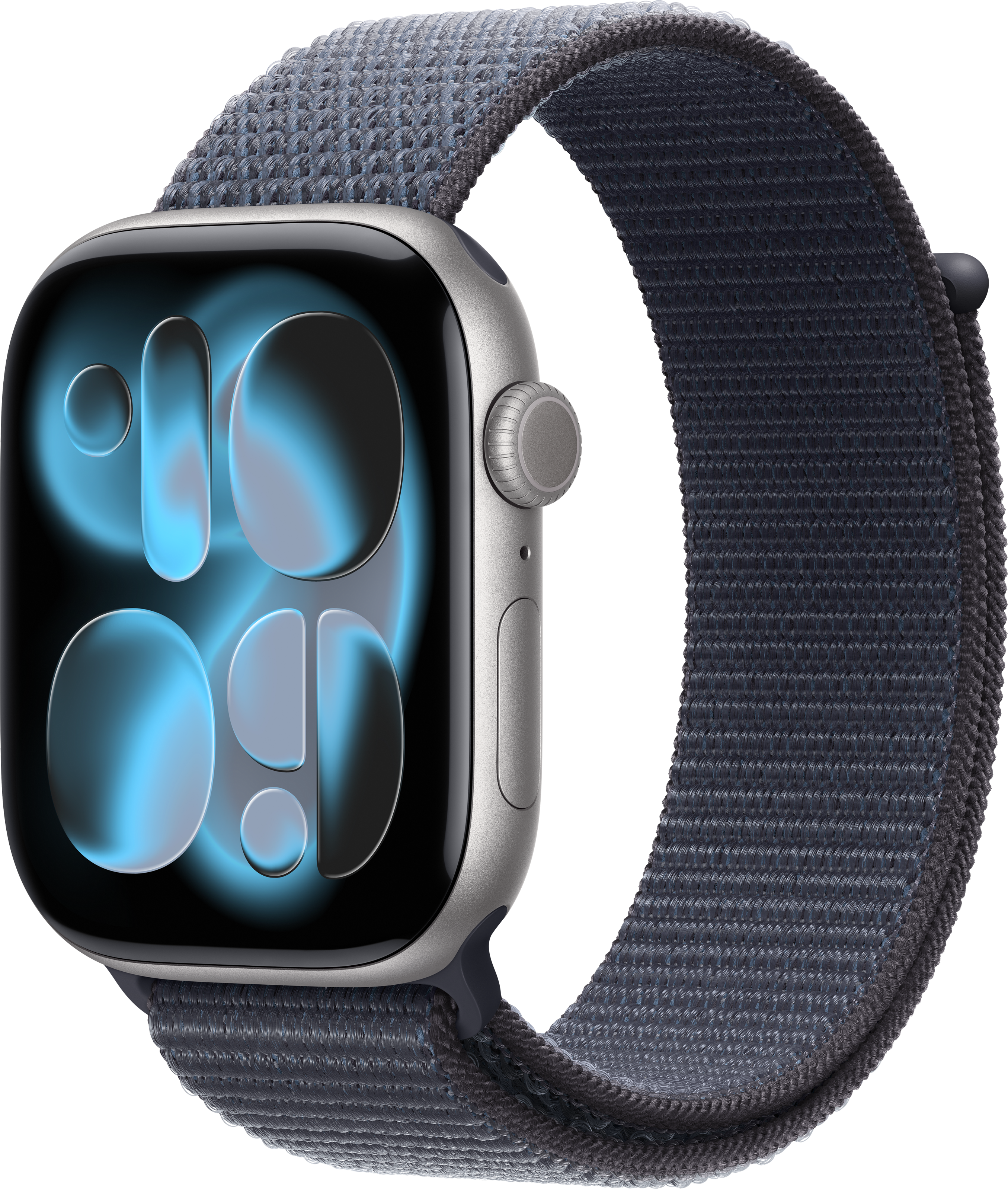 Eine graue Apple Watch mit blauem Armband. Das Zifferblatt zeigt die Uhrzeit an. Das Armband ist umgeschlungen.