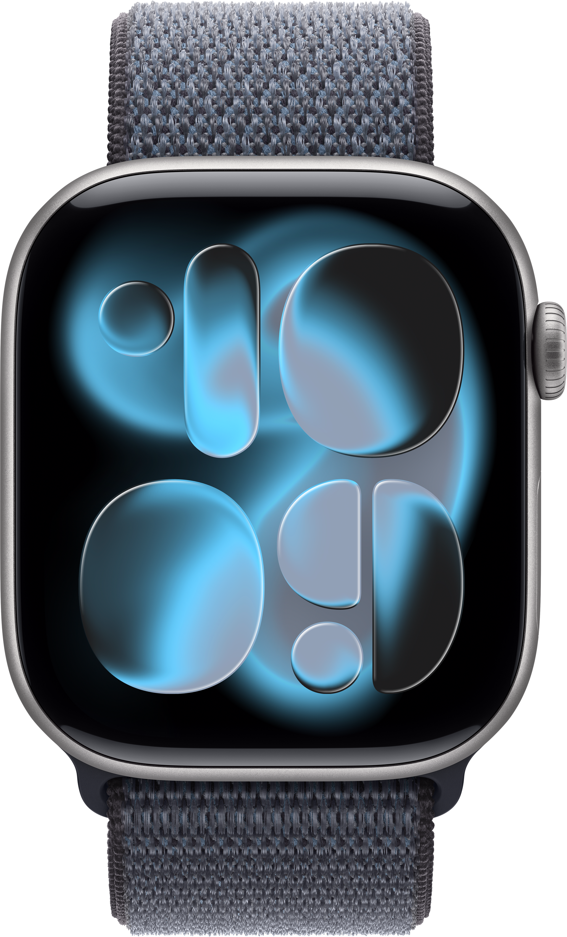 Eine silberne Apple Watch mit einem blau-grauen gewebten Armband. Das Zifferblatt zeigt einen blauen Farbverlauf mit abstrakten Formen.