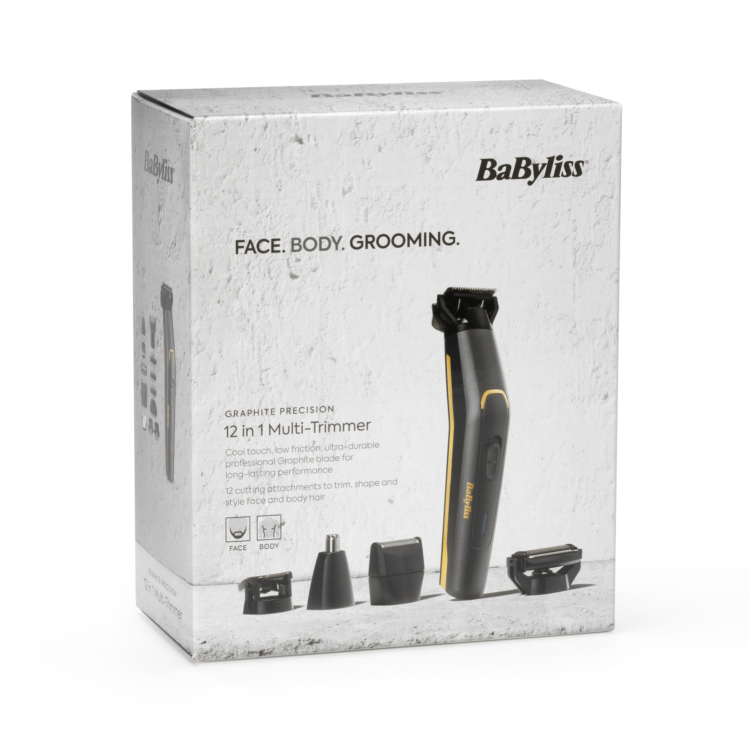 A Babyliss trimmer box with the product and attachments. The box has text about face and body grooming.