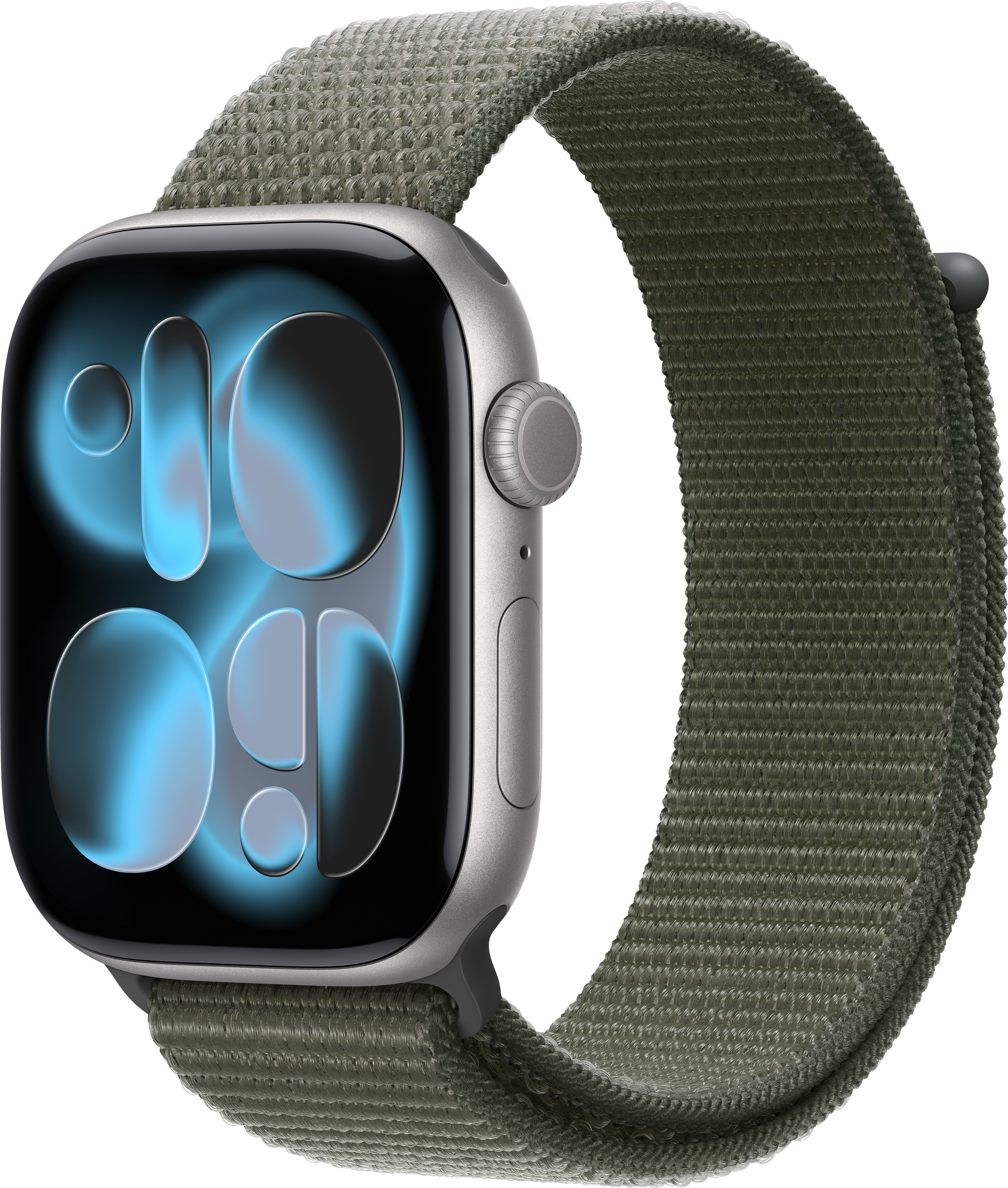 Eine silberne Apple Watch mit grünem Sport Loop-Armband. Das Zifferblatt zeigt eine blau leuchtende Oberfläche mit der Uhrzeit.