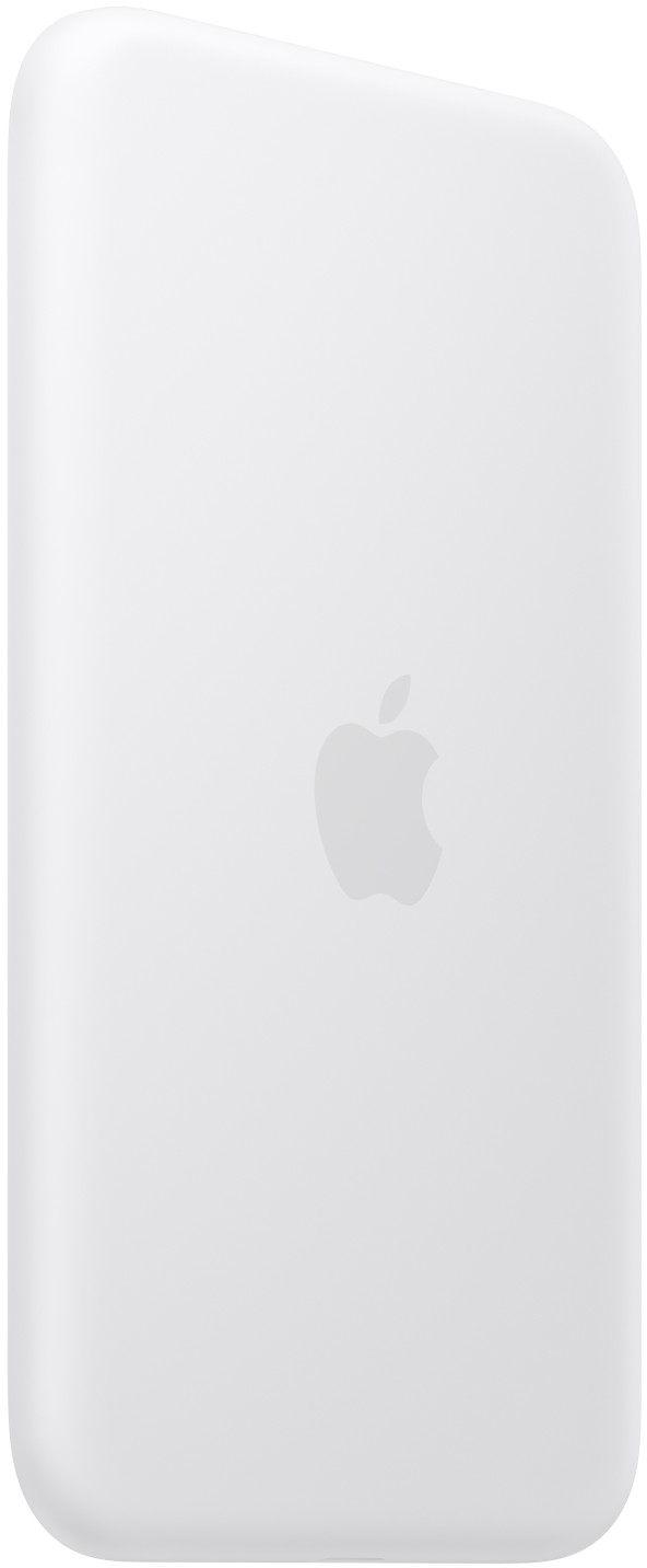 Ein weißes Apple MagSafe Battery Pack. Es hat abgerundete Kanten und das Apple-Logo in der Mitte. Der Hintergrund ist ebenfalls weiß.