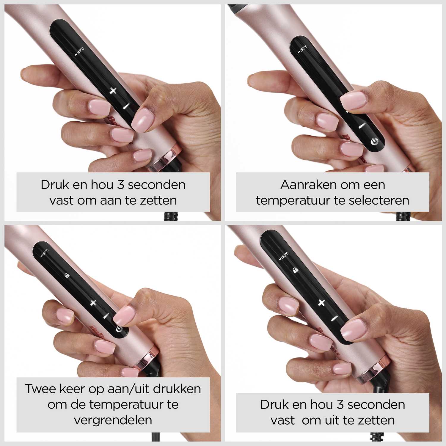 Quatre images montrant une main tenant un fer à friser avec des instructions d'utilisation, chacune avec du texte en néerlandais.