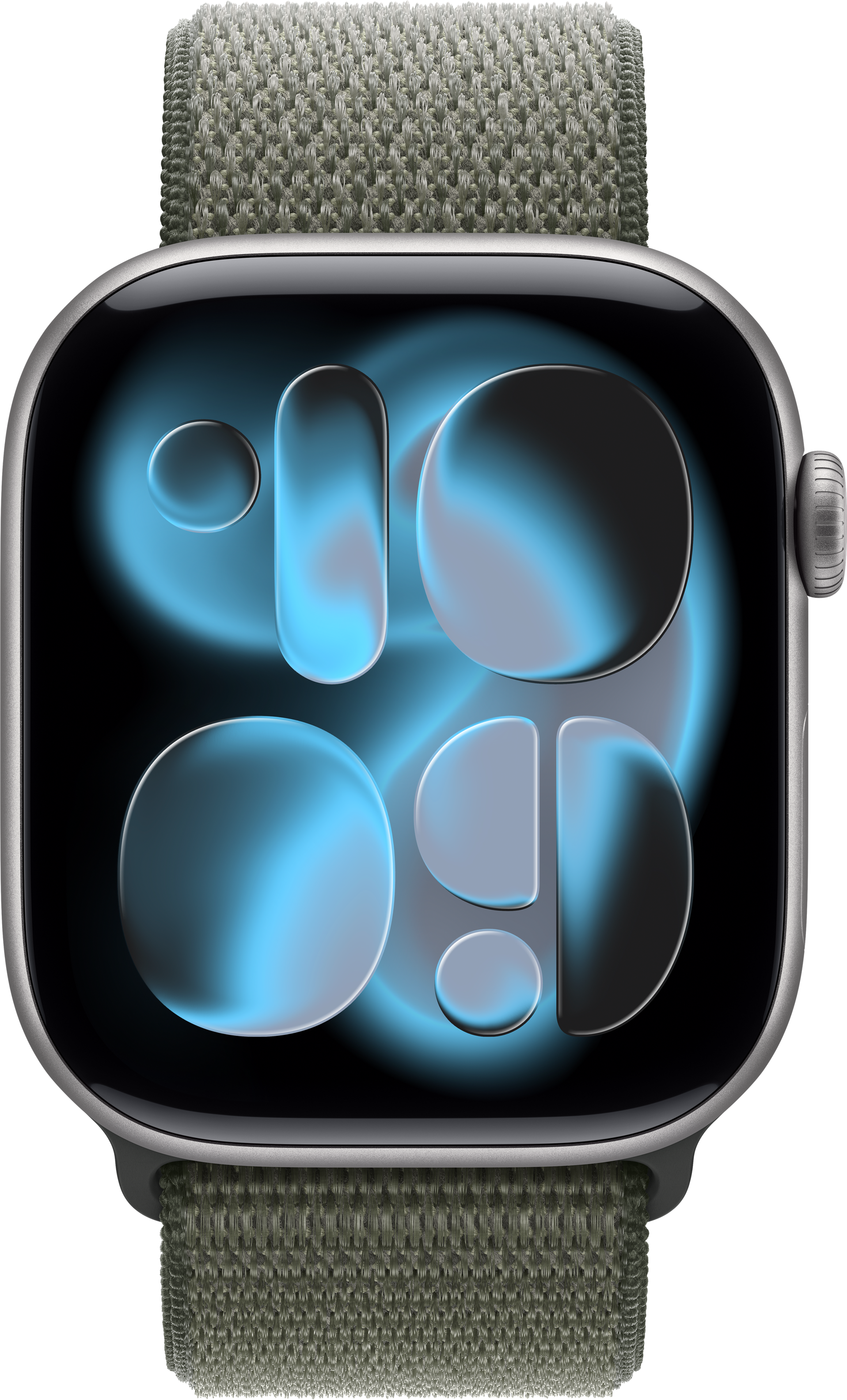 Eine silberne Apple Watch zeigt ein blaues und schwarzes abstraktes Design. Die Uhr hat ein grünes Stoffarmband. Der Hintergrund ist schwarz.