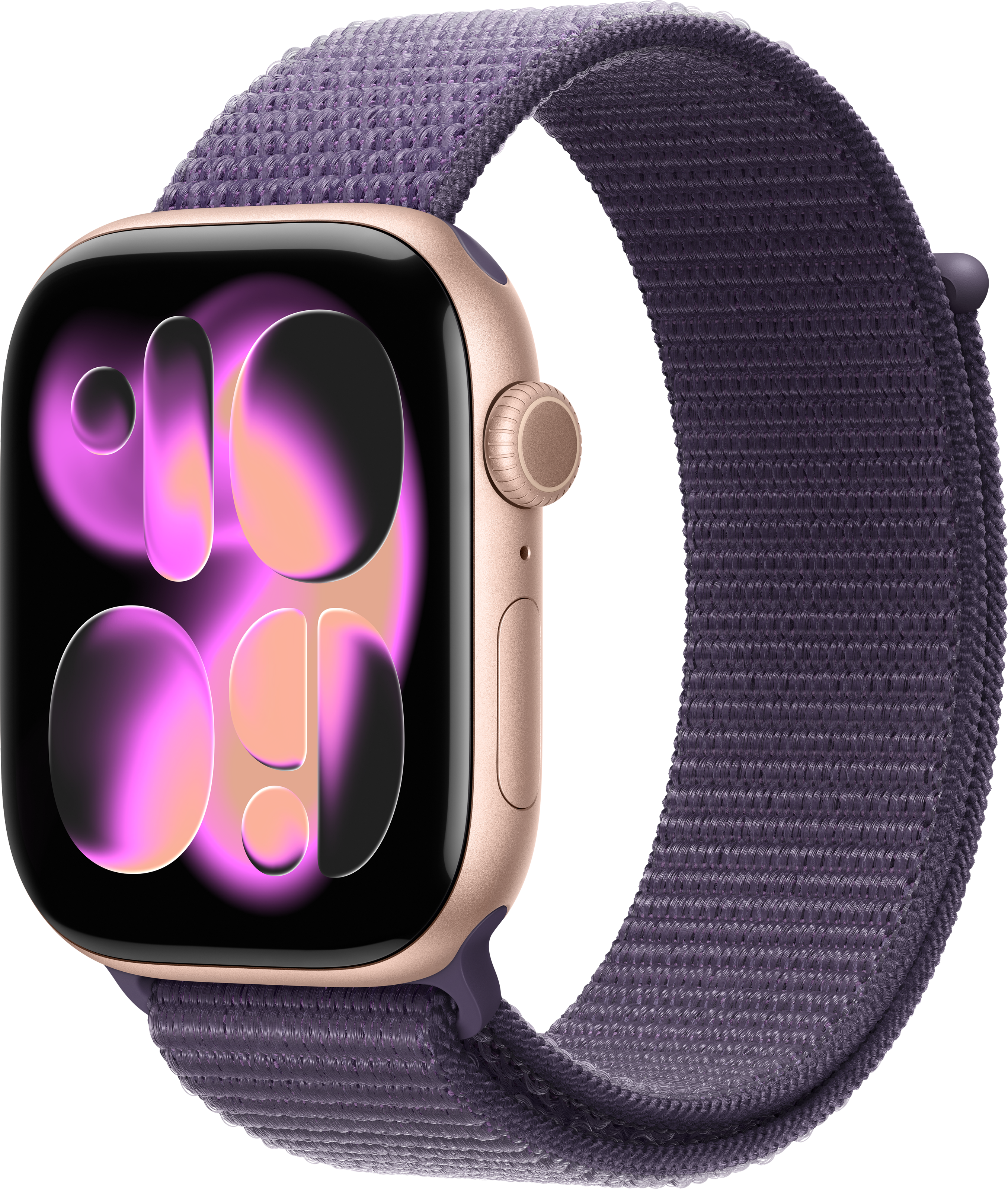 Eine goldene Apple Watch mit lila Armband zeigt die Uhrzeit an. Der Bildschirm zeigt rosa und orangefarbene Farbverläufe. Das Armband besteht aus gewebtem Stoff.