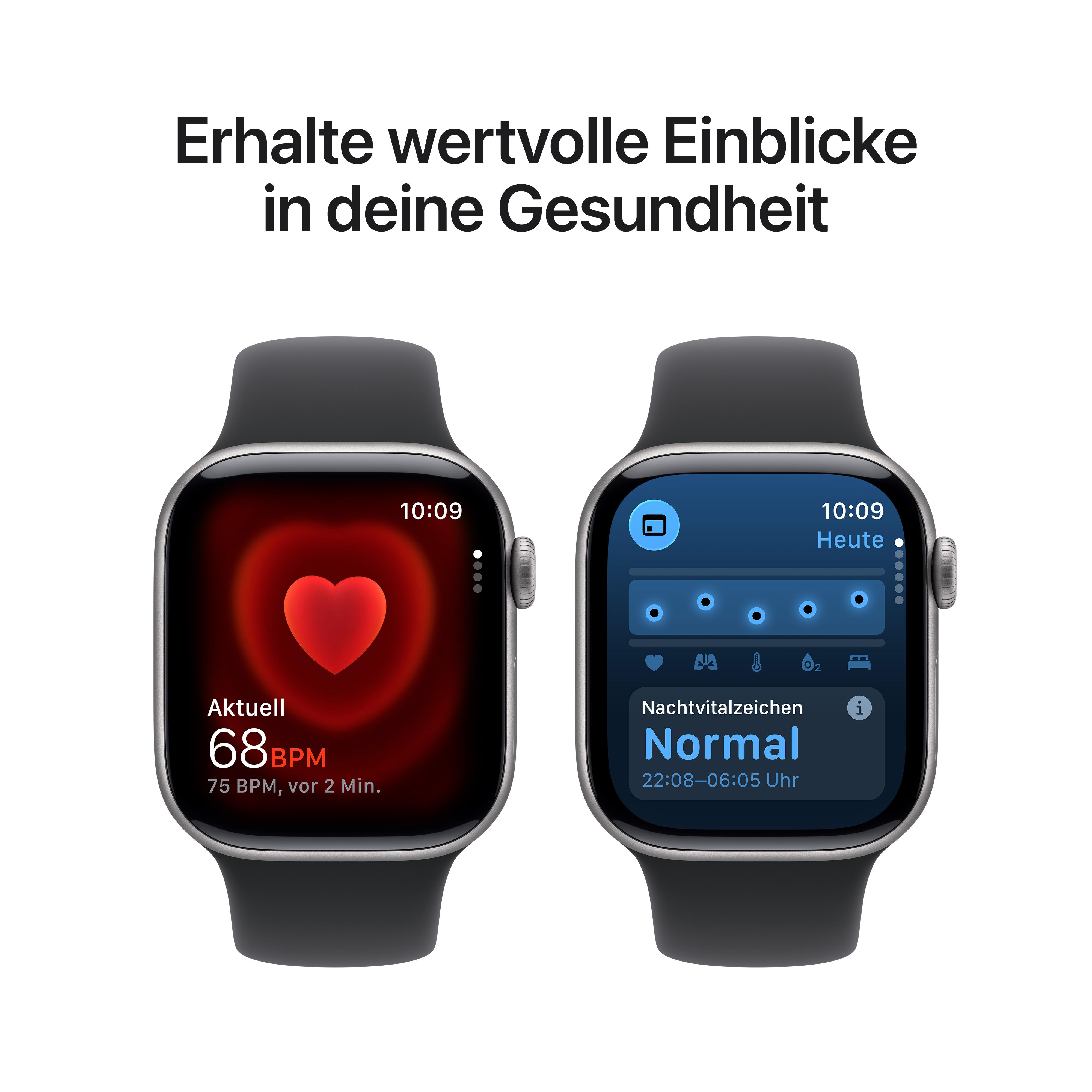 Zwei Smartwatches mit Gesundheitsdaten: Herzfrequenz auf einer, Schlaf & Aktivität auf der anderen, beide auf weißem Grund.