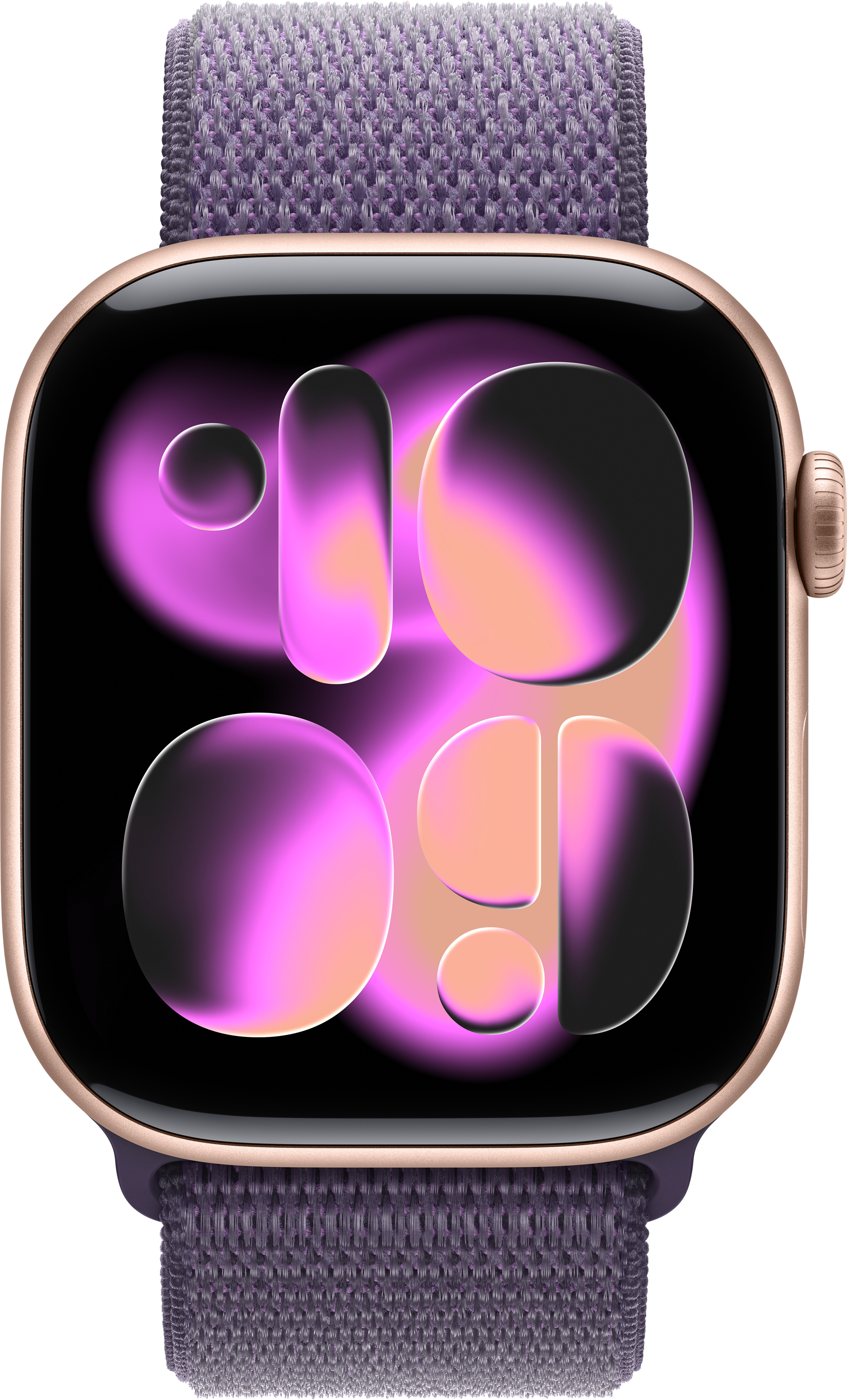 Eine Apple Watch mit lila Armband. Das Zifferblatt zeigt abstrakte Formen in Pink-, Schwarz- und Pfirsichtönen.