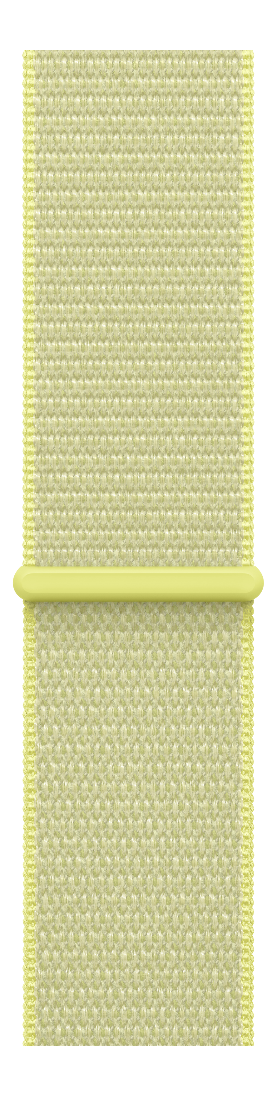 Nahaufnahme eines hellgelben Stoff-Uhrenarmbands mit passendem Steg in der Mitte. Schwarzer Hintergrund.