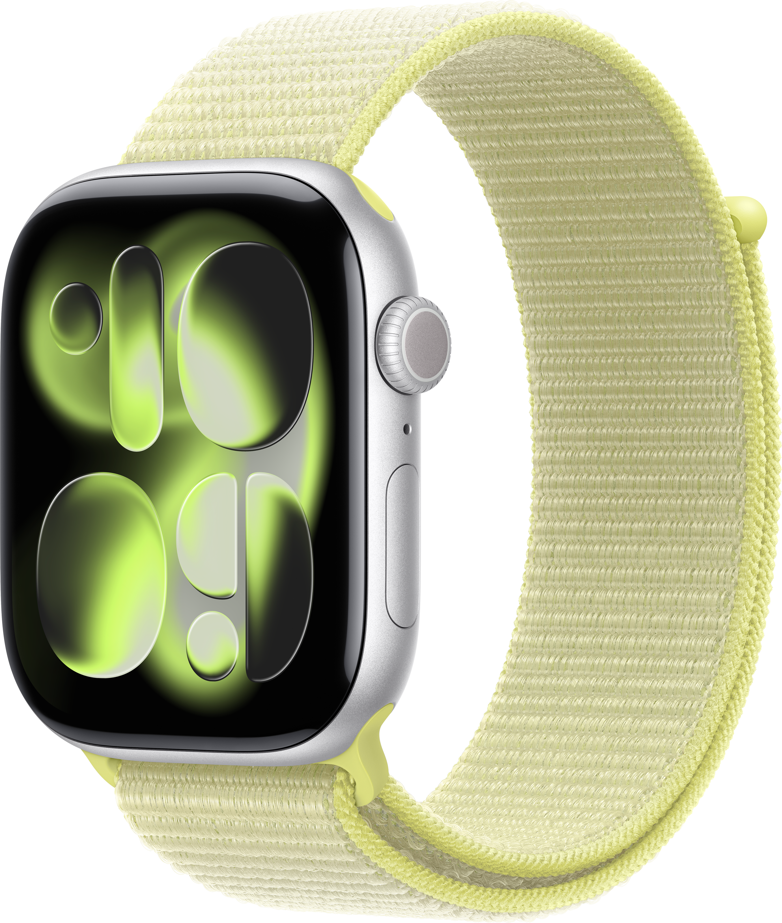 Silberne Apple Watch mit hellgelbem Armband. Das Zifferblatt zeigt eine grüne und weiße Digitaluhr.