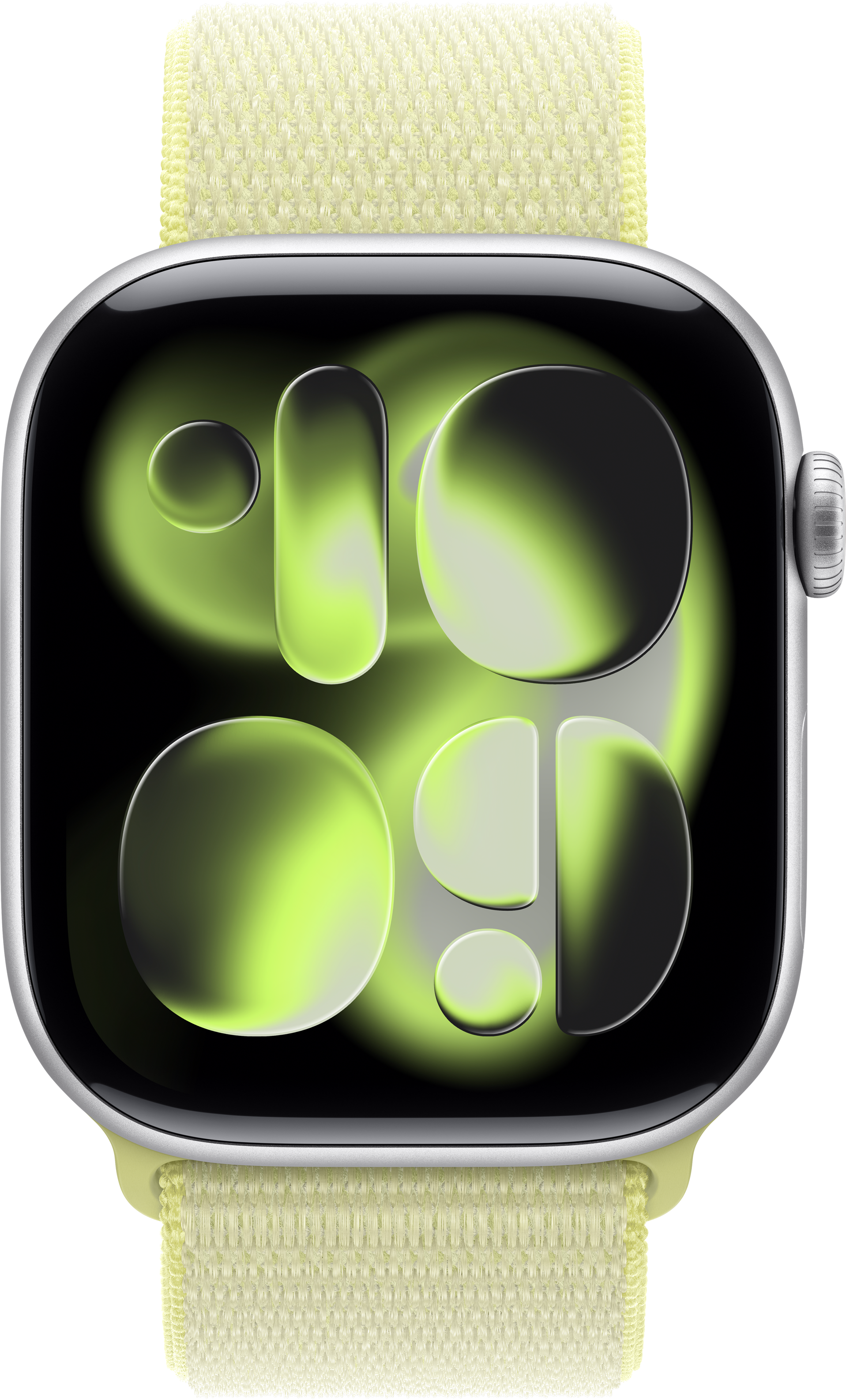 Apple Watch mit hellgrünem Display mit kreisförmigen und rechteckigen Formen. Das Armband ist hellgelb.