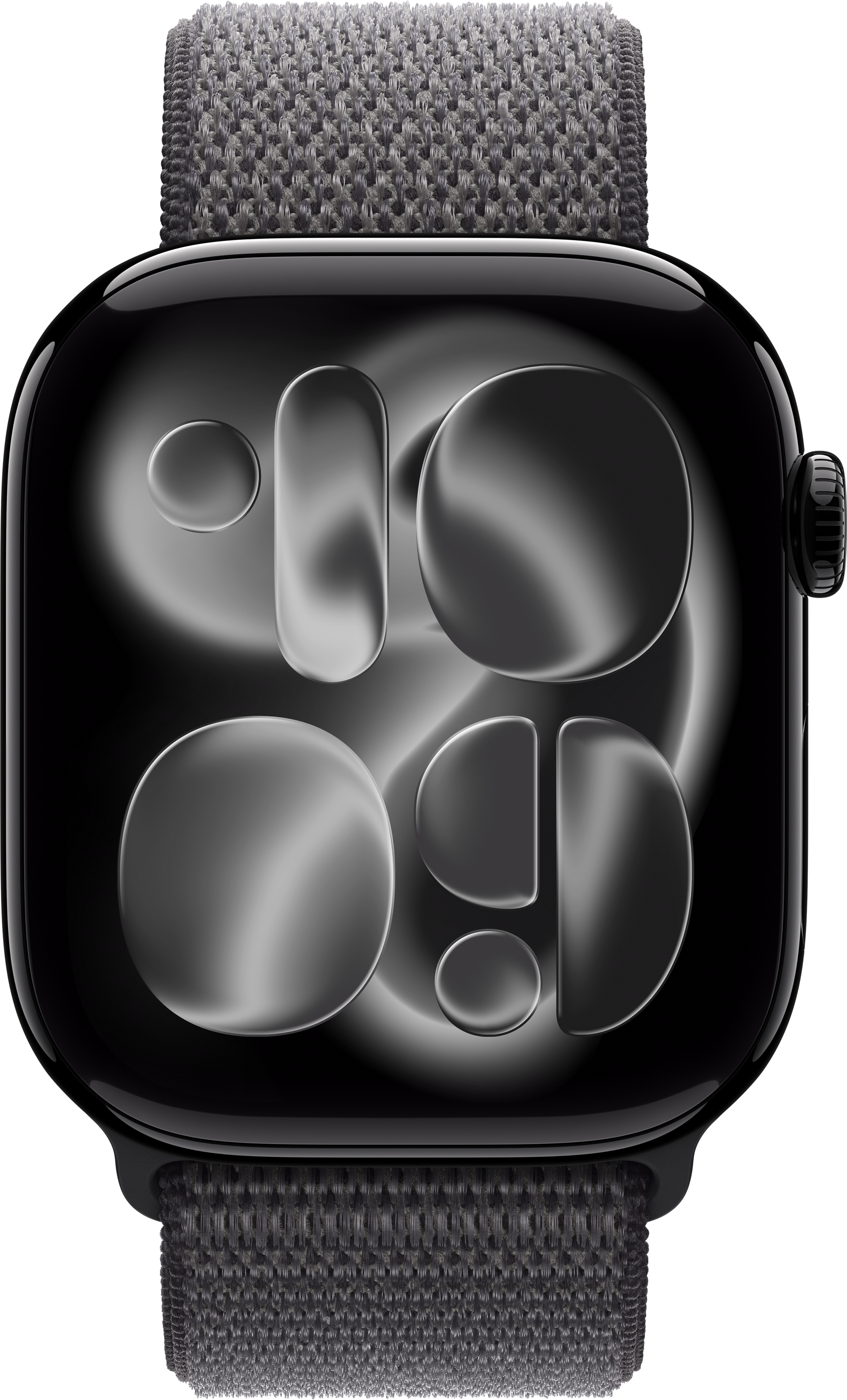 Eine schwarze Apple Watch mit grauem gewebtem Armband. Der Bildschirm zeigt ein Zifferblatt mit schwarzen und grauen Elementen.