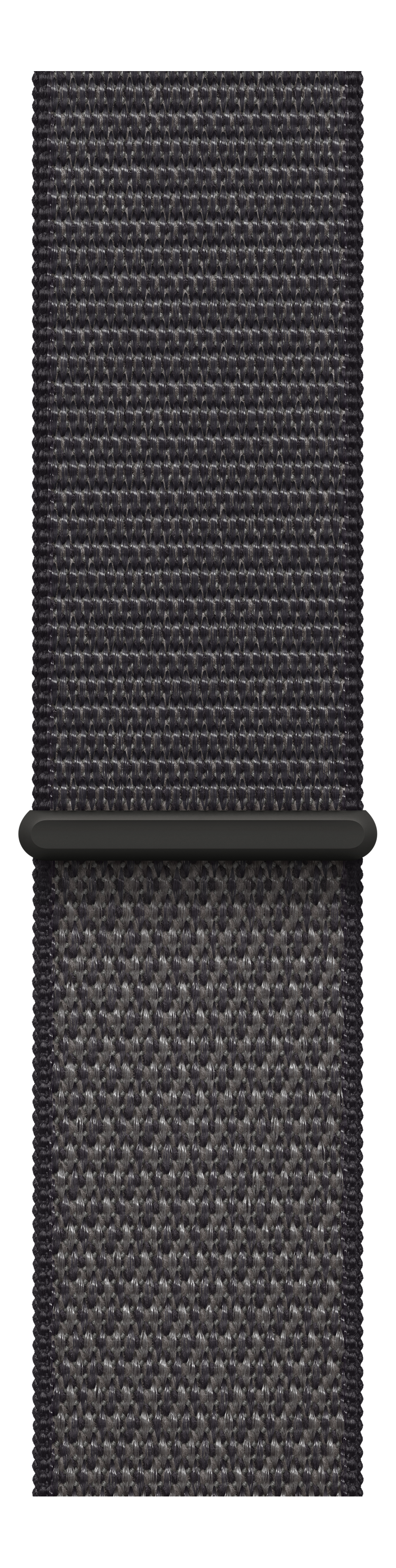Nahaufnahme eines dunkelgrauen gewebten Armbands mit einem dunkelgrauen Balken in der Mitte, vor schwarzem Hintergrund.