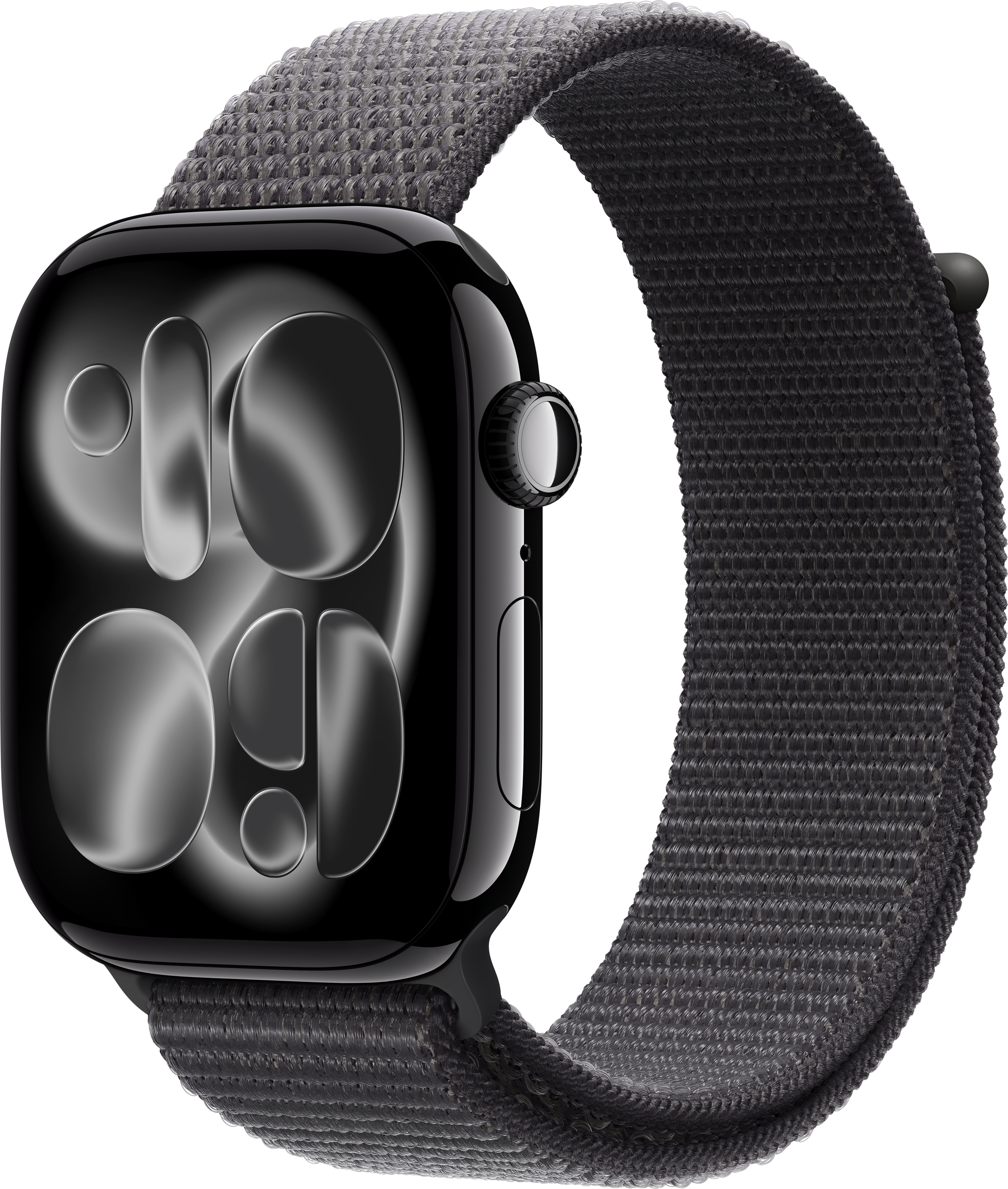 Eine schwarze Apple Watch mit einem dunkelgrauen gewebten Armband. Das Zifferblatt ist reflektierend.