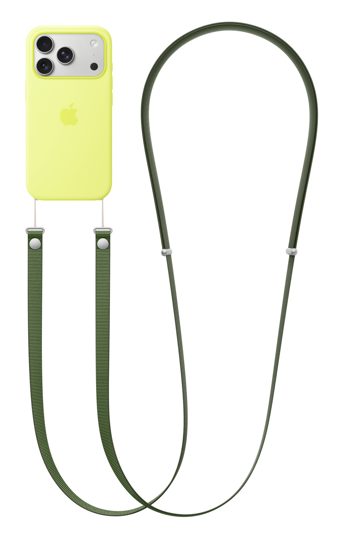 Żółty iPhone z zielonym paskiem. Telefon ma trzy aparaty. Pasek jest połączony z etui.