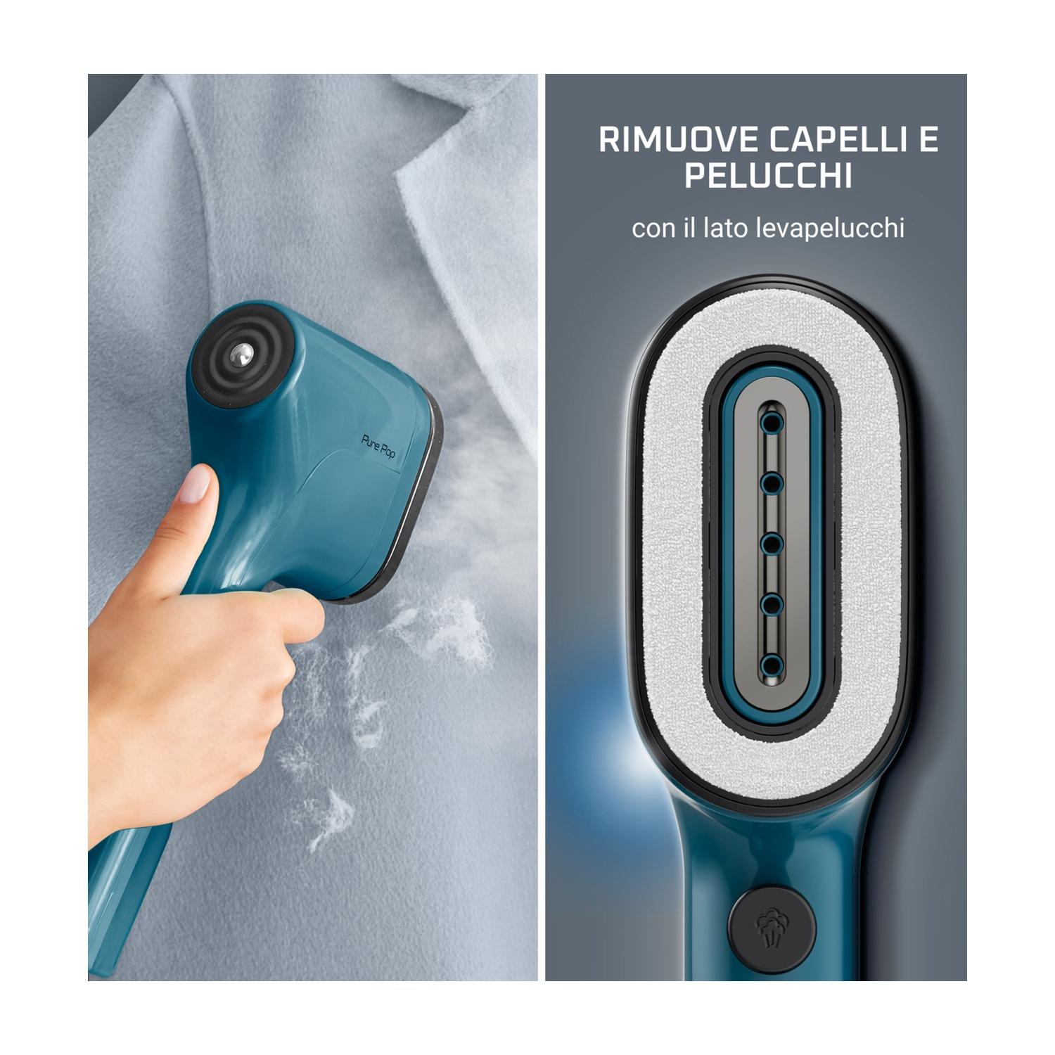 Un vaporizzatore per indumenti turchese rimuove lanugine da un cappotto azzurro. Il lato destro mostra la testina, evidenziandone le caratteristiche.