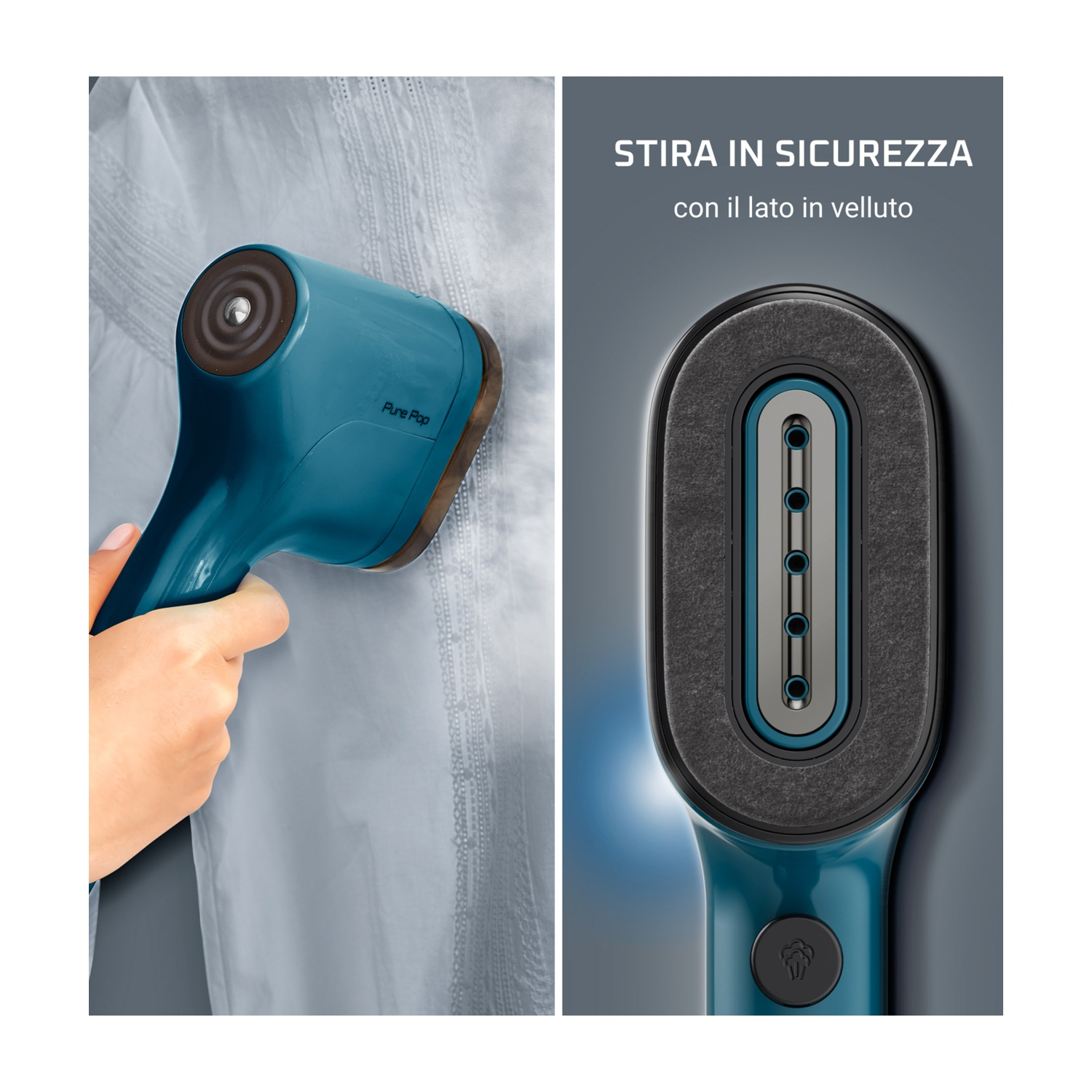 Una mano tiene un vapore a mano turchese che stira una camicia azzurra. Il vapore è etichettato 'Pure Pop'. Sono mostrati i dettagli della testa.