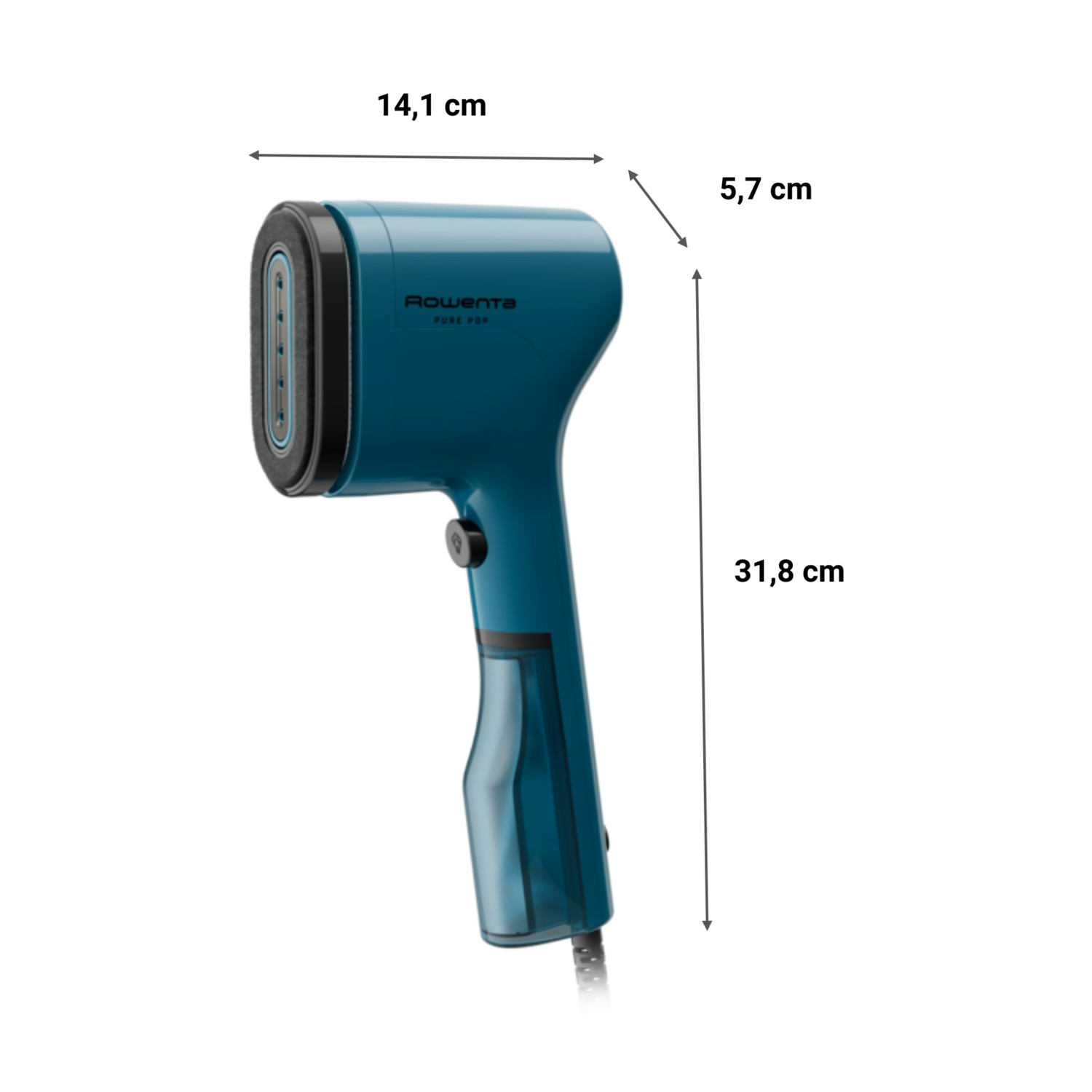Un vaporizzatore per tessuti portatile, color teal, etichettato Rowenta Pure Pop. Dimensioni: 14,1 cm larghezza, 5,7 cm profondità, 31,8 cm altezza. Dettagli neri.