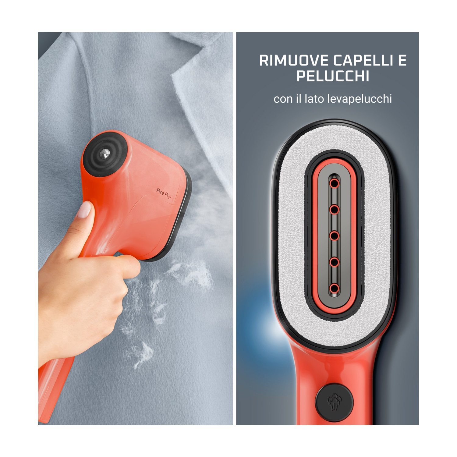 Un vaporizzatore Pure Pop arancione rimuove peli e lanugine da un cappotto blu. Il lato destro mostra i dettagli della testa.