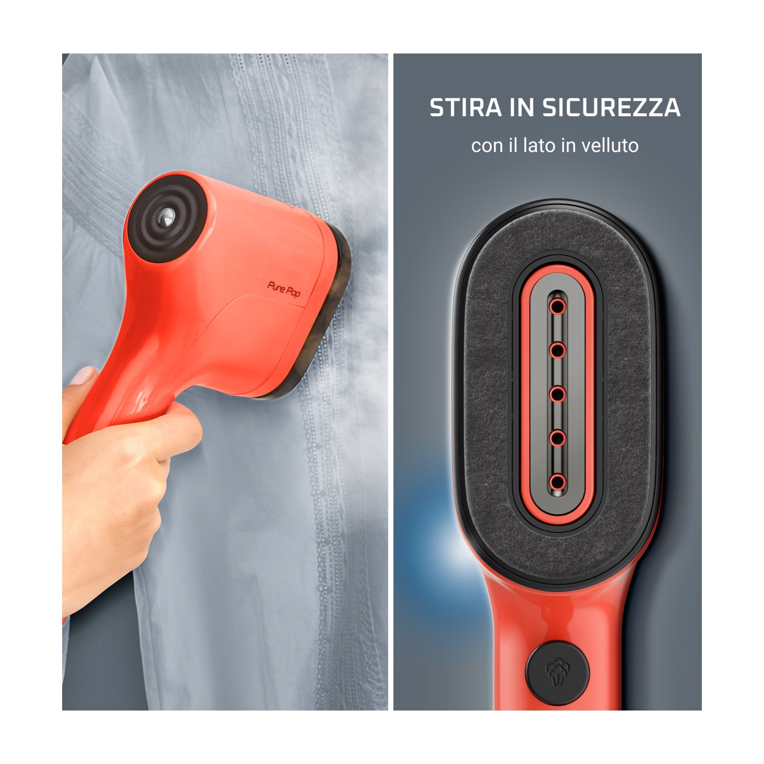 Un vaporizzatore portatile arancione sta stirando una camicia azzurra. Il vaporizzatore ha una testa nera con fori. Il testo recita: STIRA IN SICUREZZA.