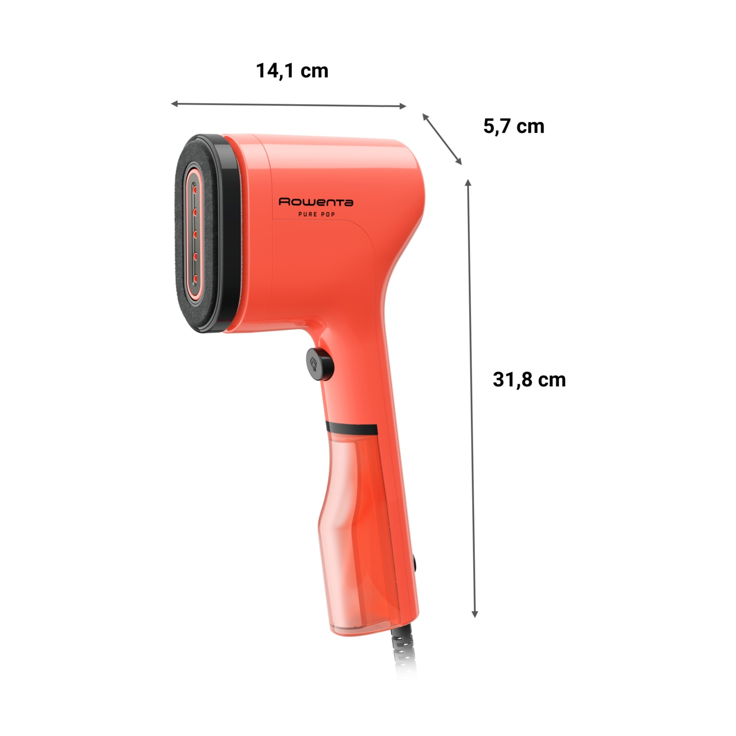 È mostrato un vaporizzatore Rowenta Pure Pop arancione, con dimensioni etichettate. Il vaporizzatore ha una testa e un'impugnatura nere con un serbatoio dell'acqua trasparente.