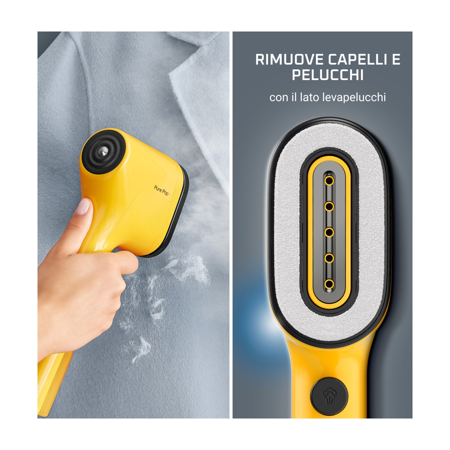Un rasoio per tessuti giallo rimuove peli e lanugine da un cappotto azzurro. Vengono mostrati i dettagli della testina del rasoio e il testo.