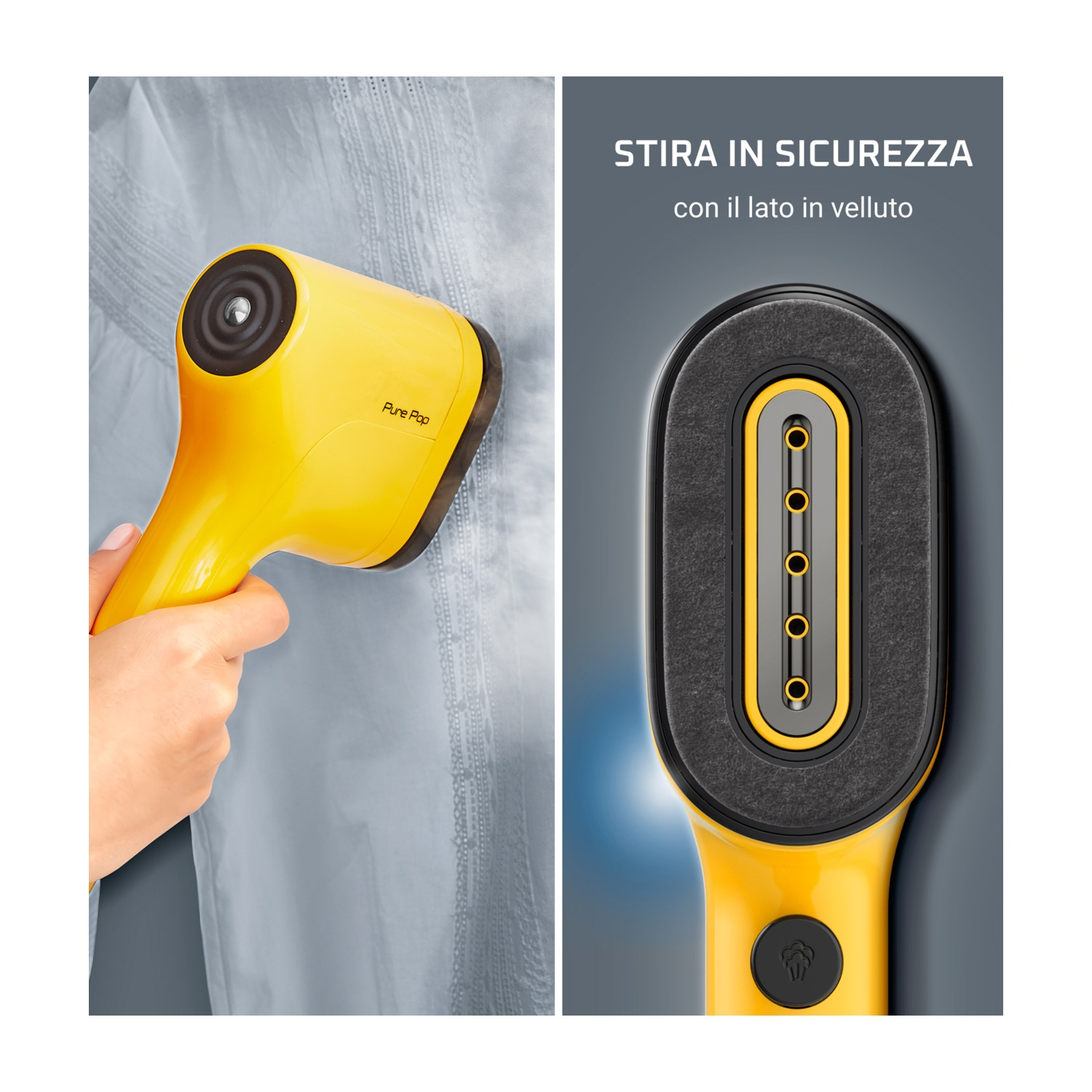 Un vaporizzatore per indumenti Pure Pop giallo sta stirando una camicia azzurra. La testa del vaporizzatore è mostrata in dettaglio.