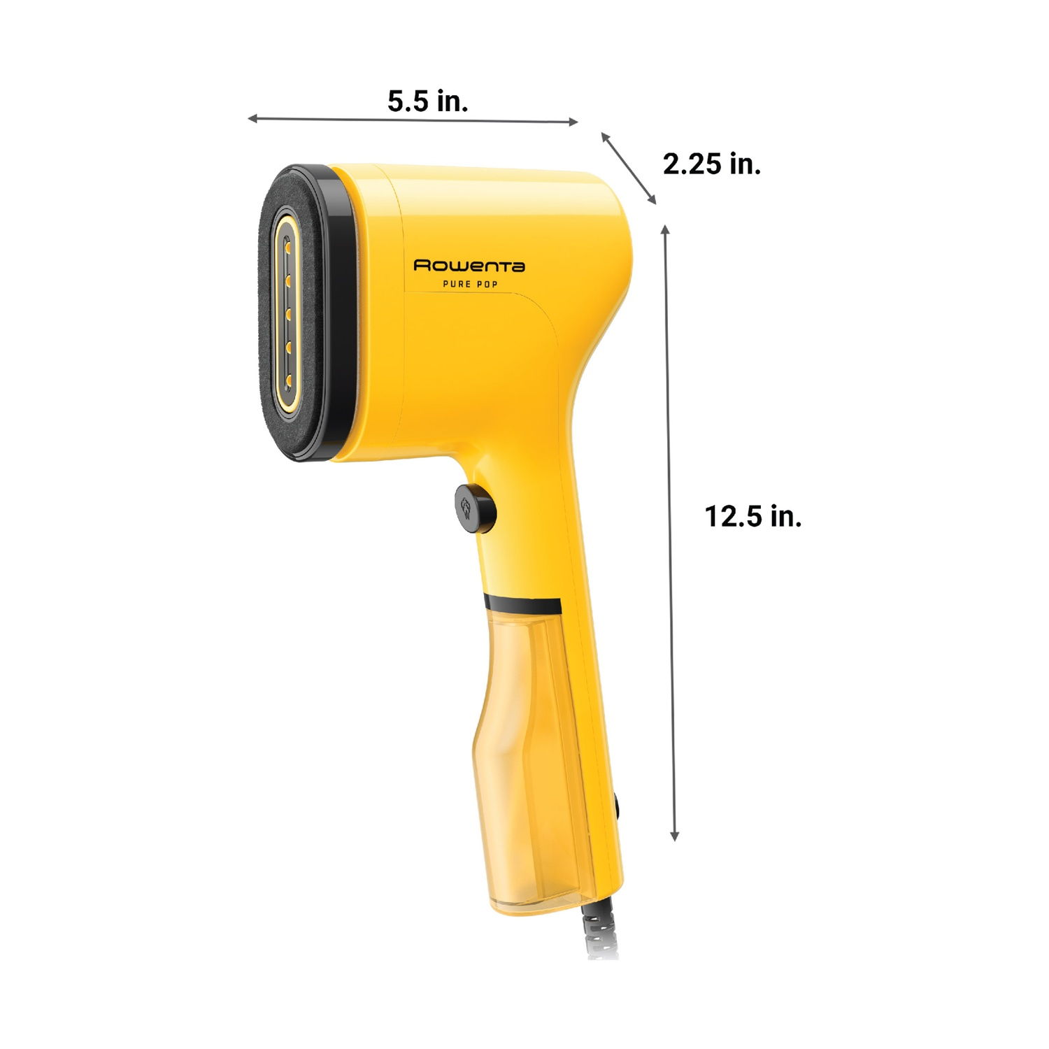 Uno steamer Rowenta Pure Pop giallo e nero. Le dimensioni sono 5,5 pollici di larghezza, 2,25 pollici di spessore e 12,5 pollici di altezza. Ha un serbatoio dell'acqua e un pulsante di accensione.