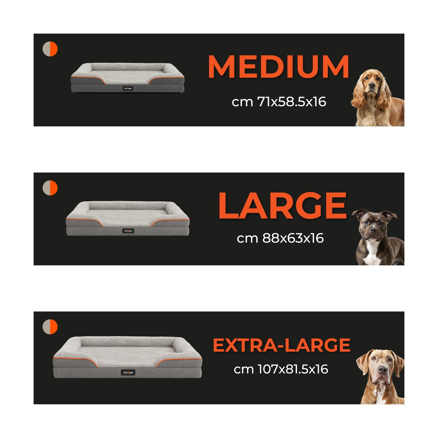 Tre letti per cani: Medium, Large ed Extra-Large, ognuno con un cane e dimensioni su sfondo nero.