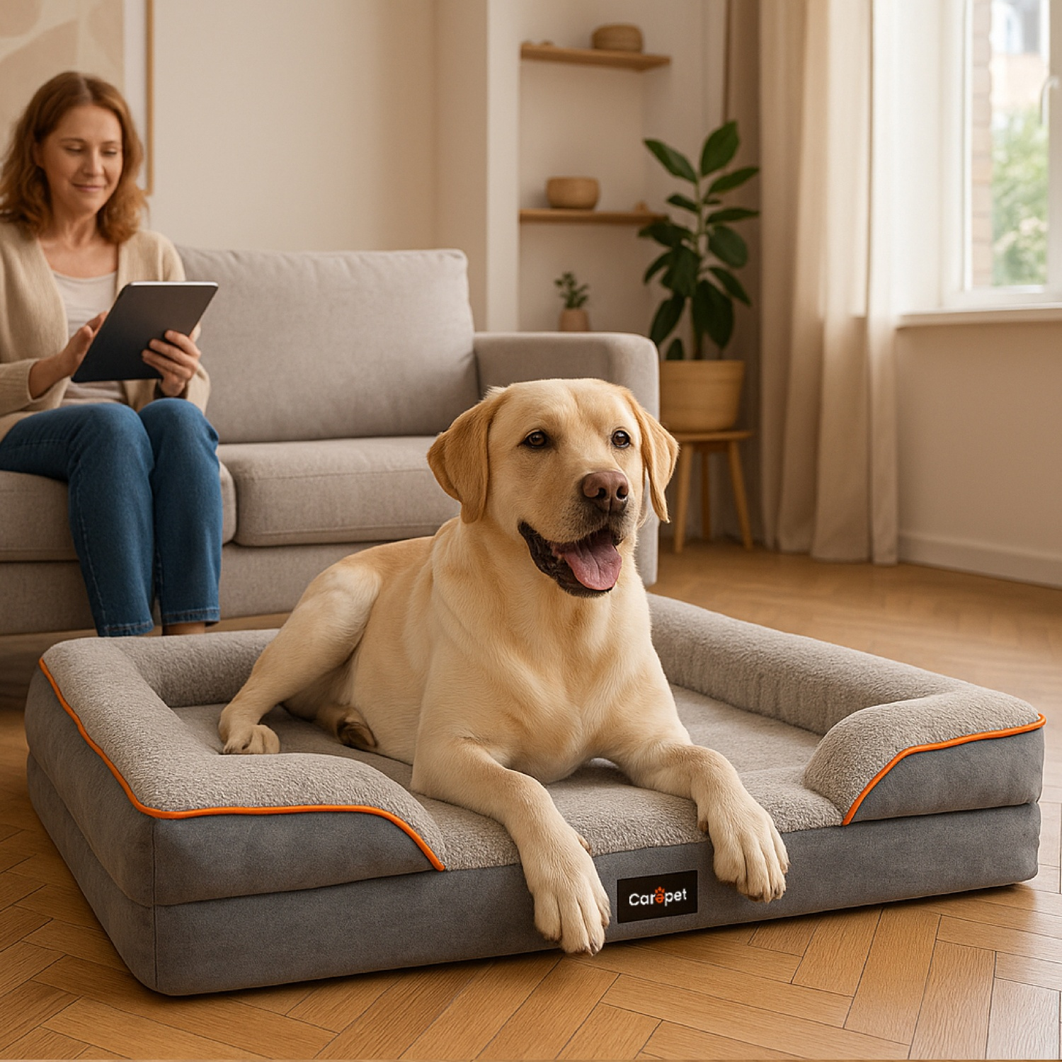 Un labrador giallo su un letto per cani. Una donna è seduta su un divano che usa un tablet. Una pianta e una finestra sono sullo sfondo.