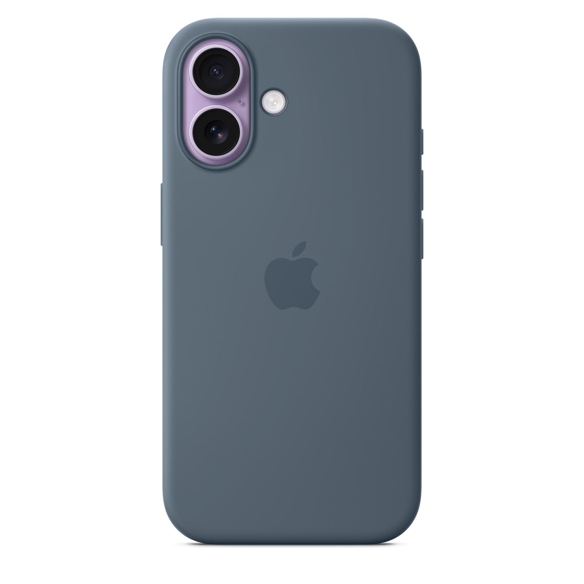 Eine blaue Handyhülle mit Kamera und Apple-Logo. Der Hintergrund ist weiß.