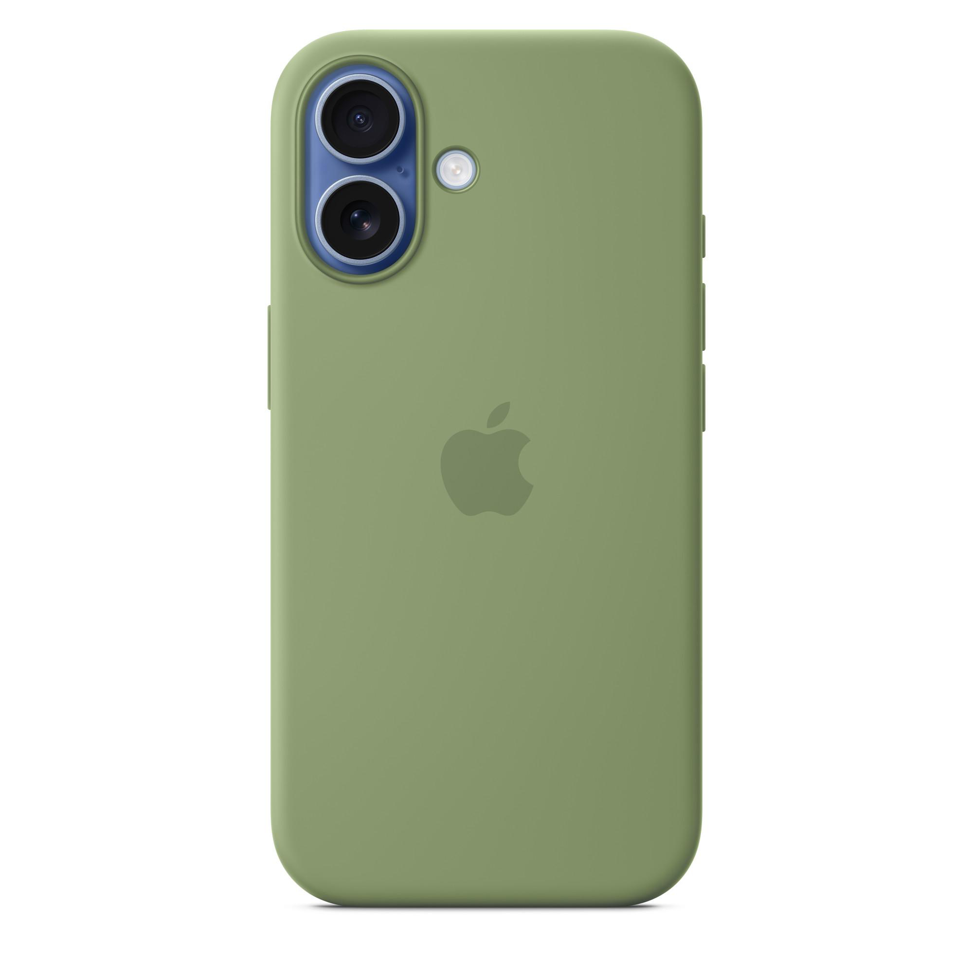 Eine grüne Handyhülle mit Apple-Logo. Der Kamerabereich hat zwei Linsen und einen Blitz.