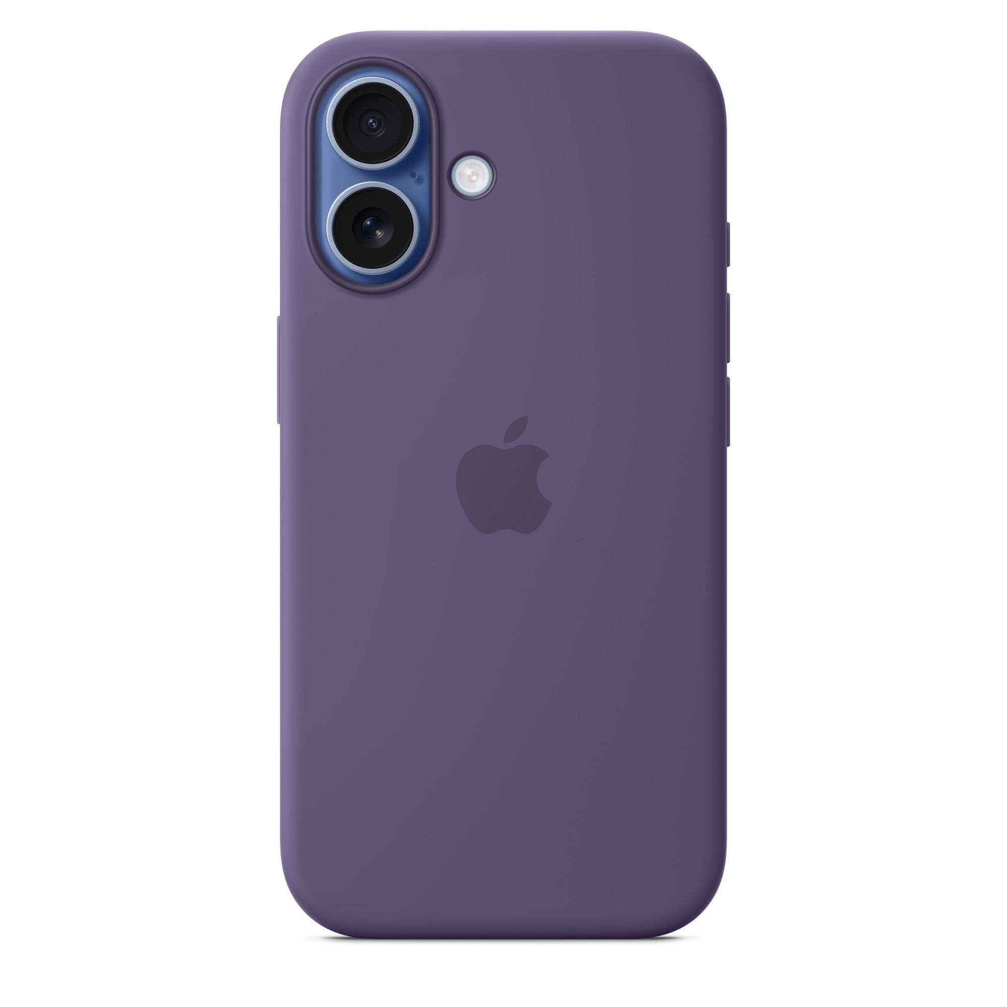 Eine lila iPhone-Hülle mit dem Apple-Logo und einem Kameramodul. Der Hintergrund ist weiß.
