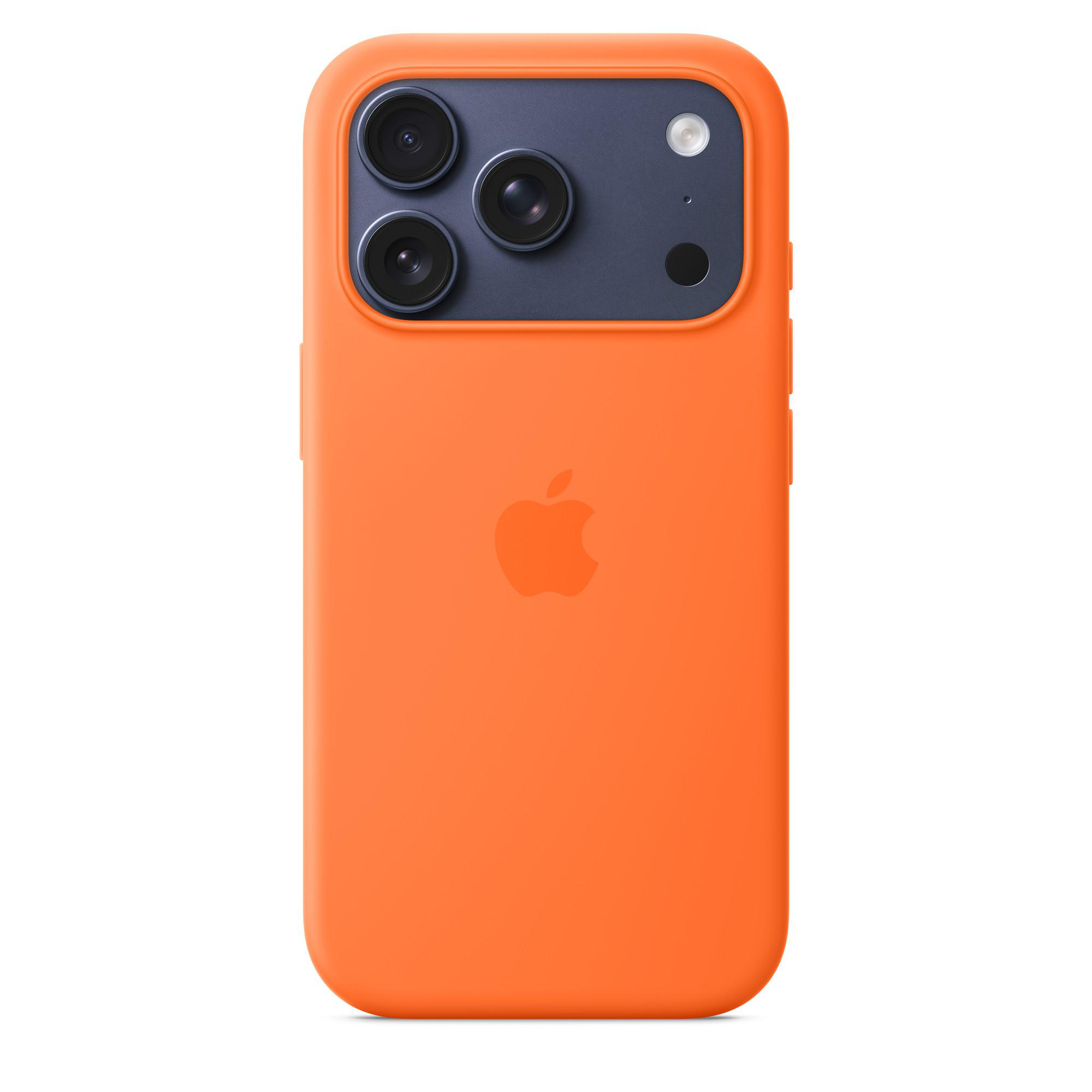 Orangefarbene Handyhülle mit drei schwarzen Kameralinsen und einem Apple-Logo. Dunkelblauer Kamerabereich.