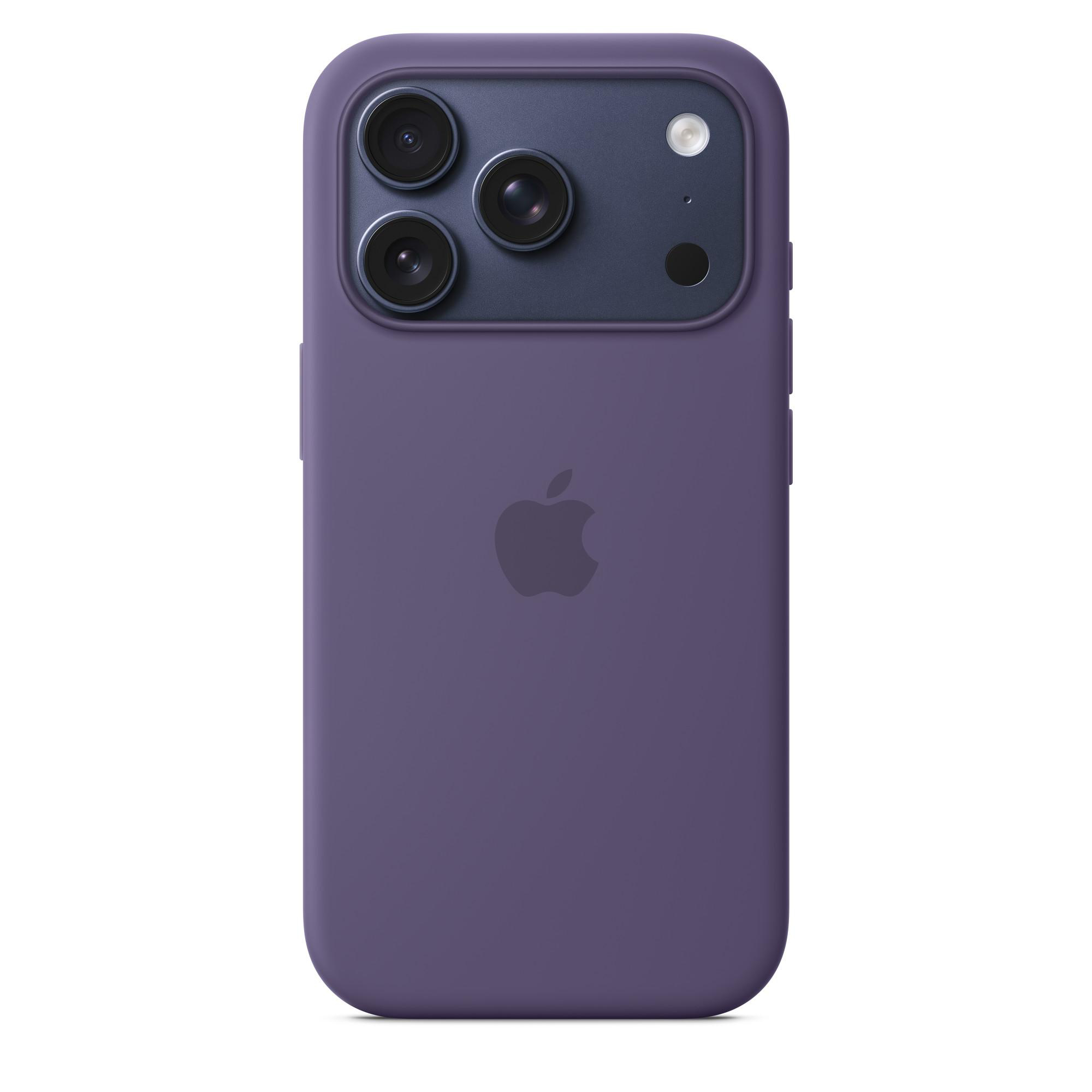 Lila iPhone-Hülle mit drei Kameralinsen und einem Apple-Logo.