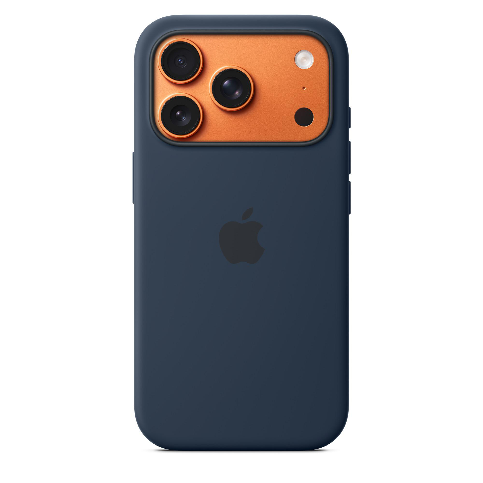 Marineblaue Handyhülle mit orangefarbenem Kamerabereich und Apple-Logo. Drei Kameralinsen sind sichtbar.