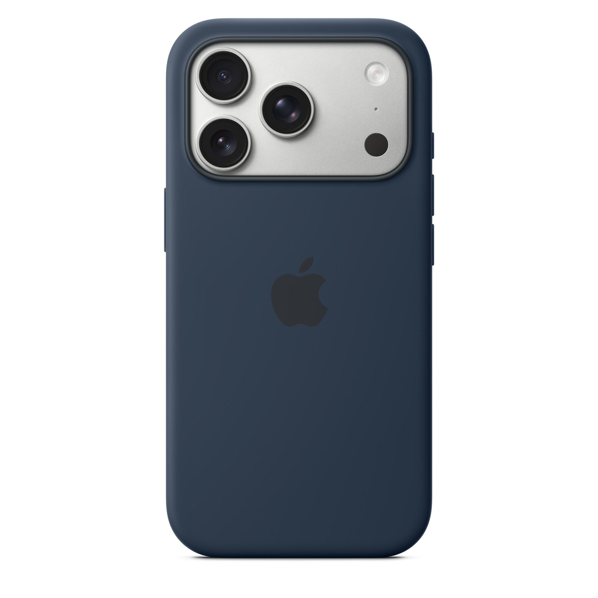 Eine marineblaue iPhone-Hülle mit silbernem Kamera-Array und Apple-Logo.