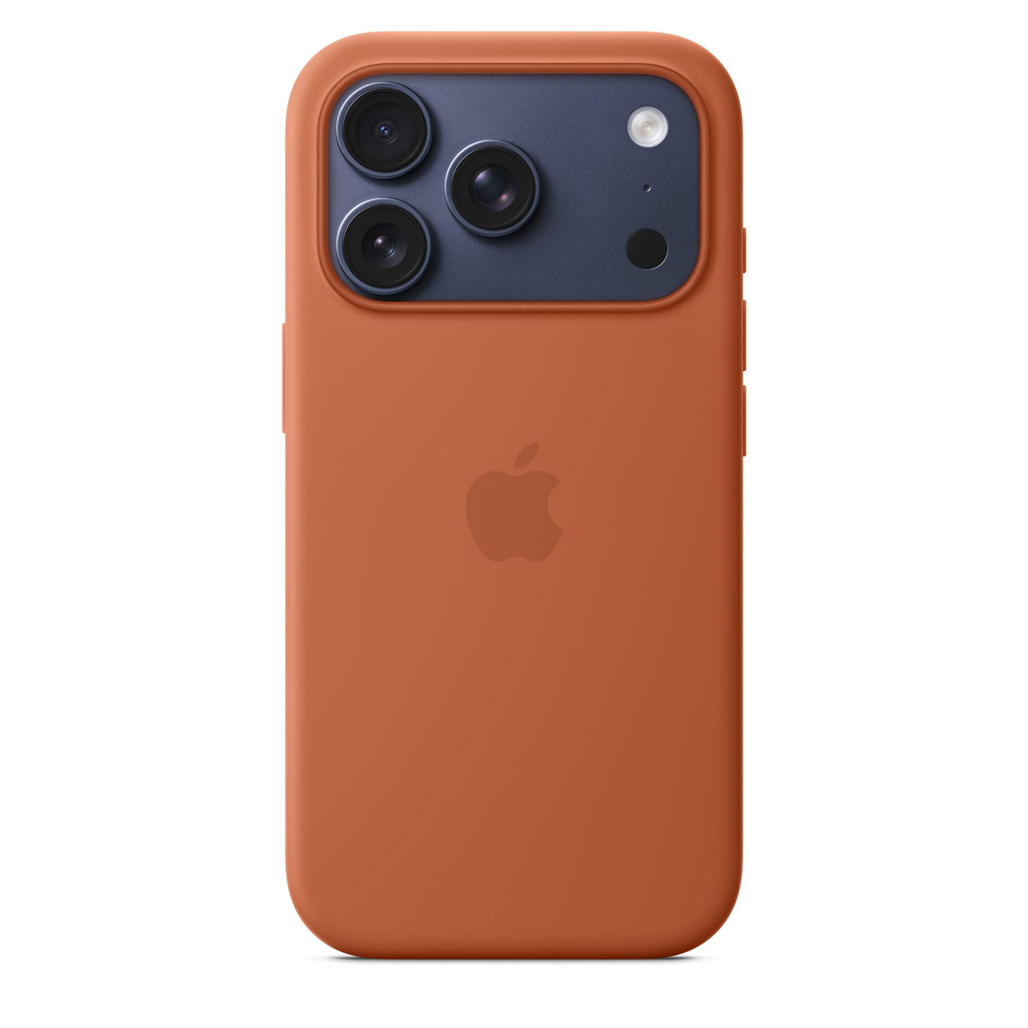 Eine orangefarbene iPhone-Hülle mit blauem Kamerabereich. Das Apple-Logo ist sichtbar.