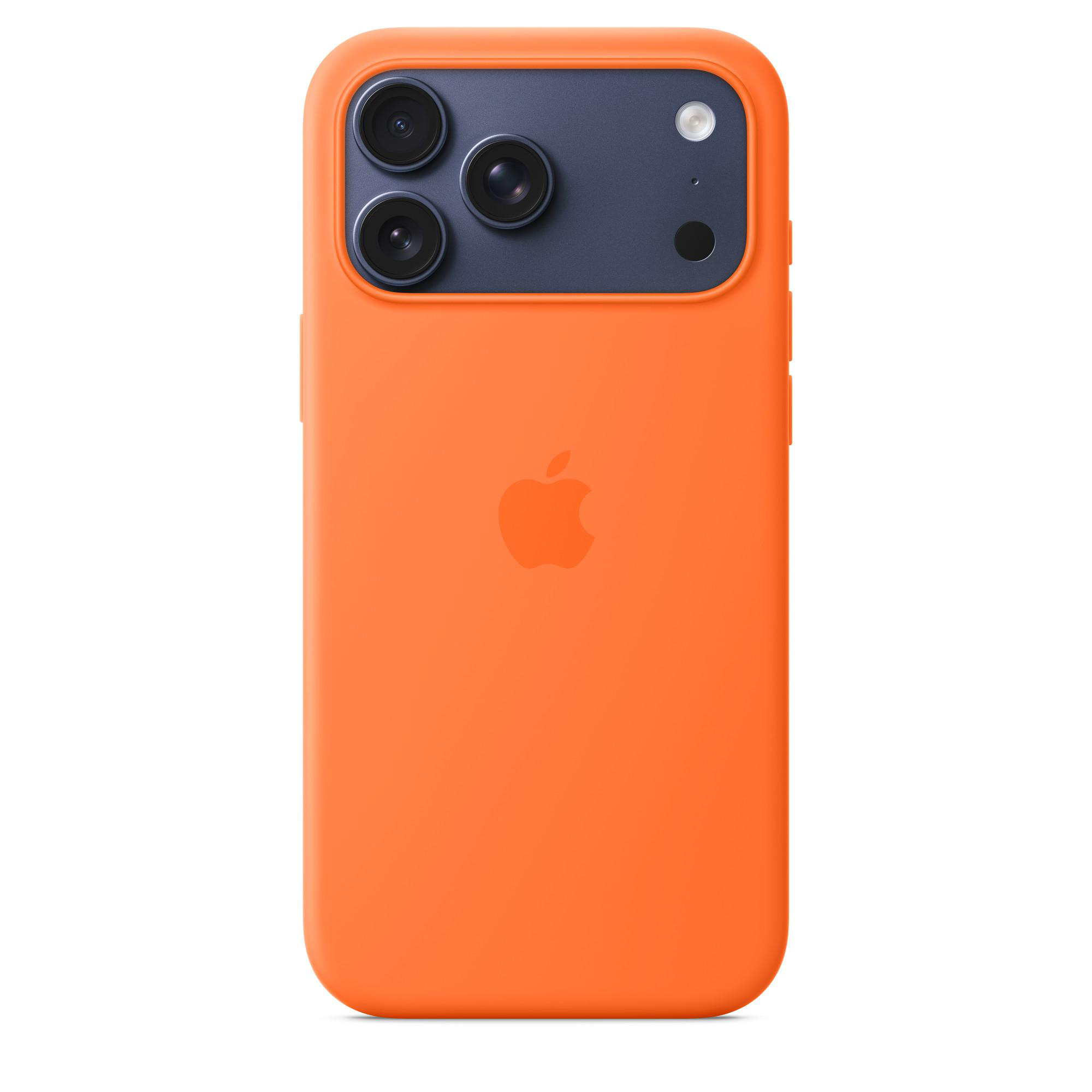 Eine orangefarbene iPhone-Hülle mit Apple-Logo. Der Kamerabereich ist dunkelblau mit drei Linsen und einem Blitz.