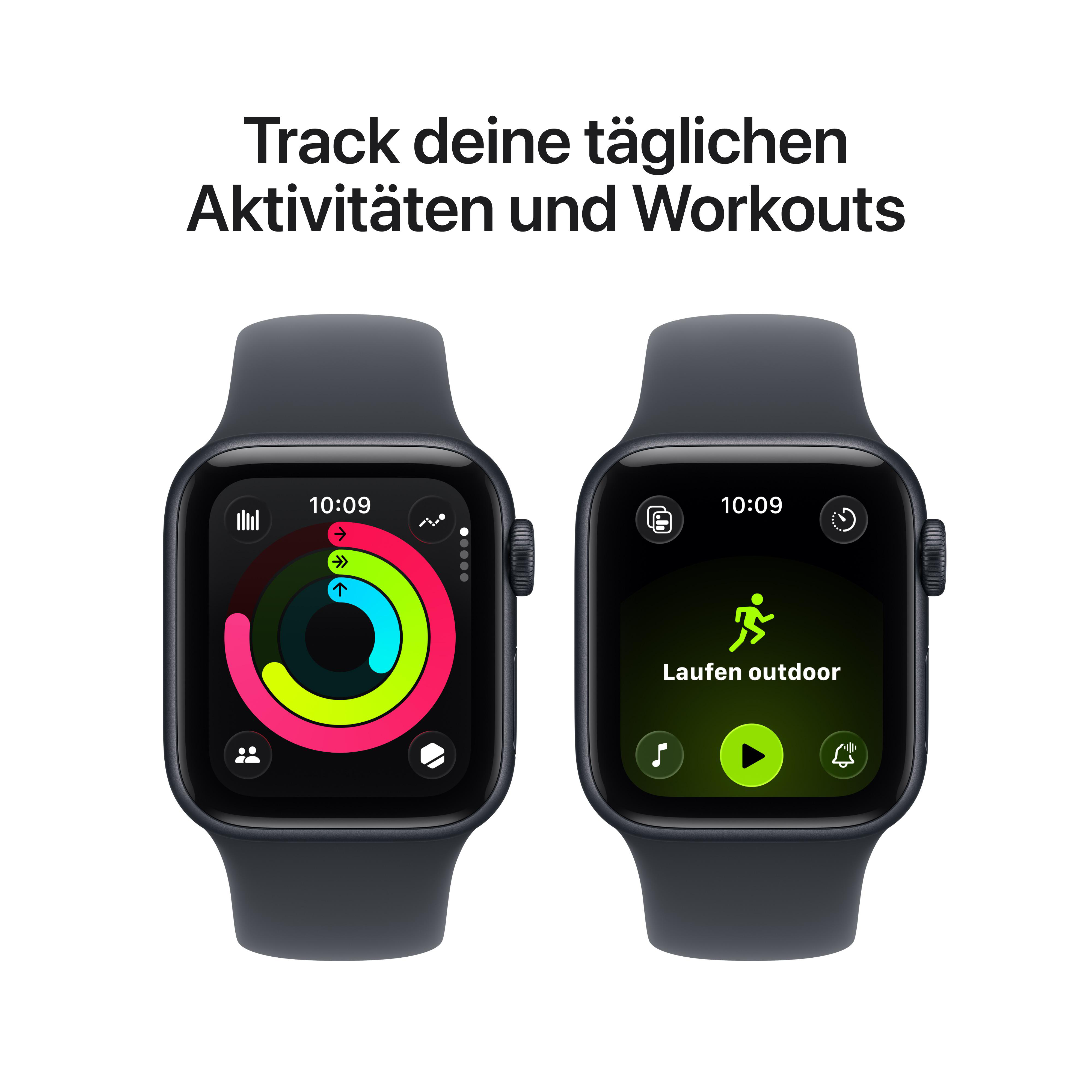 Zwei Smartwatches, die Aktivitätsringe und Workout-Optionen anzeigen, Text oben lautet 'Verfolge deine täglichen Aktivitäten und Workouts'.