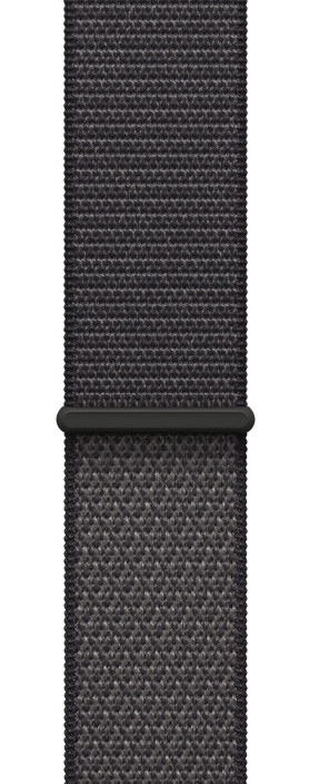 Nahaufnahme eines dunkelgrauen Uhrenarmbands mit Verschluss. Das Band hat eine gewebte Textur mit einem grauen Verschluss.