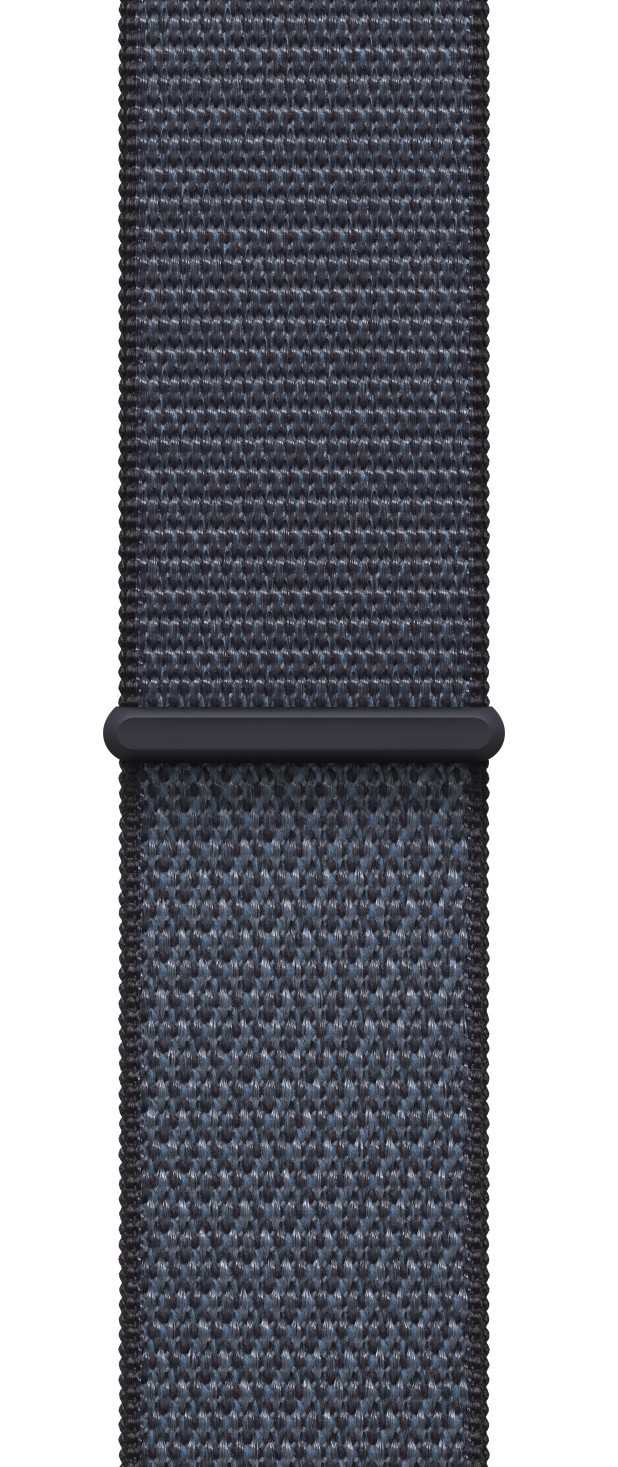 Nahaufnahme eines dunkelblauen gewebten Stoff-Uhrenarmbands. Ein dunkelgrauer Balken verläuft über dem Armband.