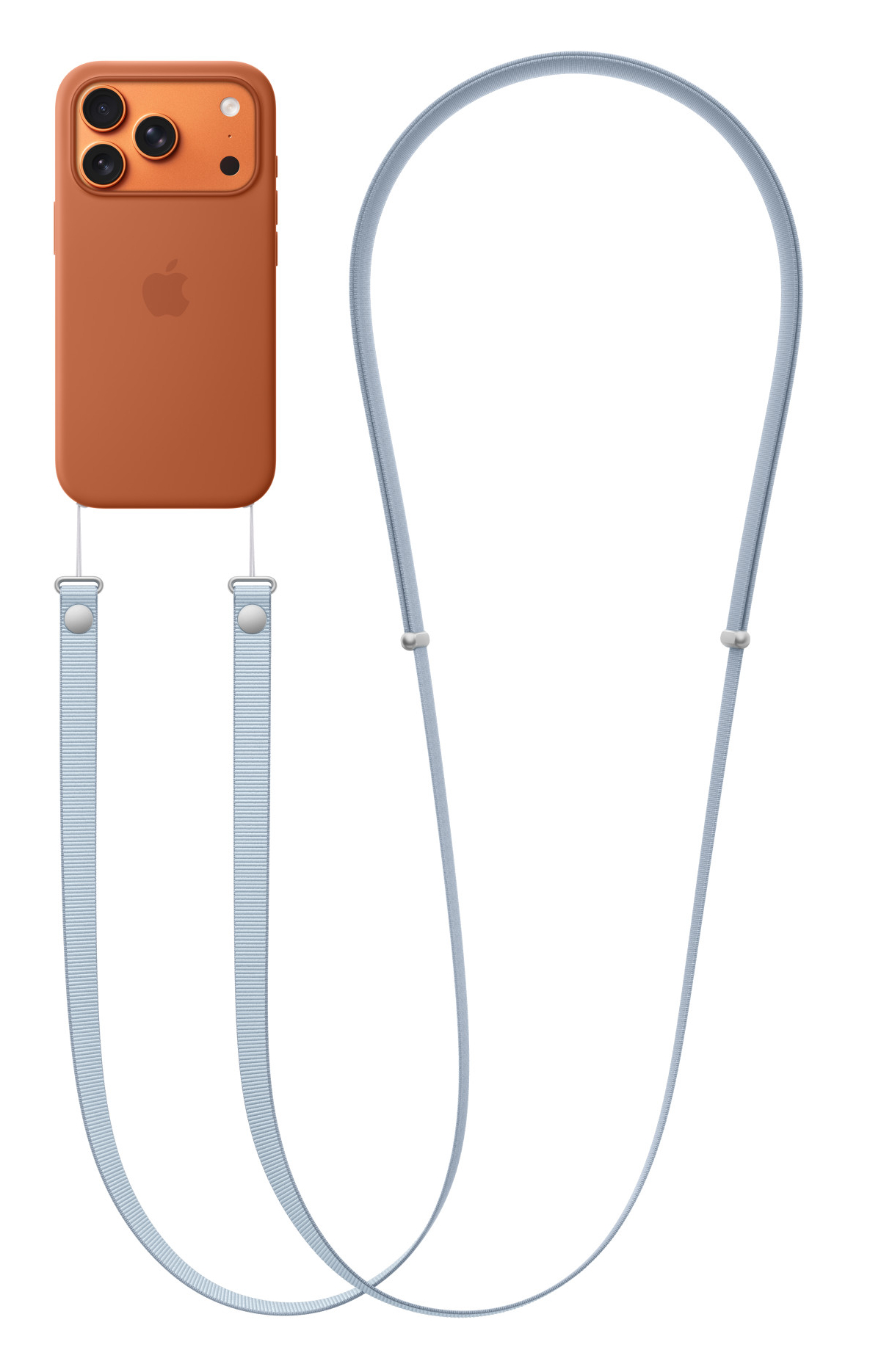 Pomarańczowe etui na telefon z logo Apple, przymocowane do jasnoniebieskiej smyczy. Telefon ma trzy obiektywy aparatu.