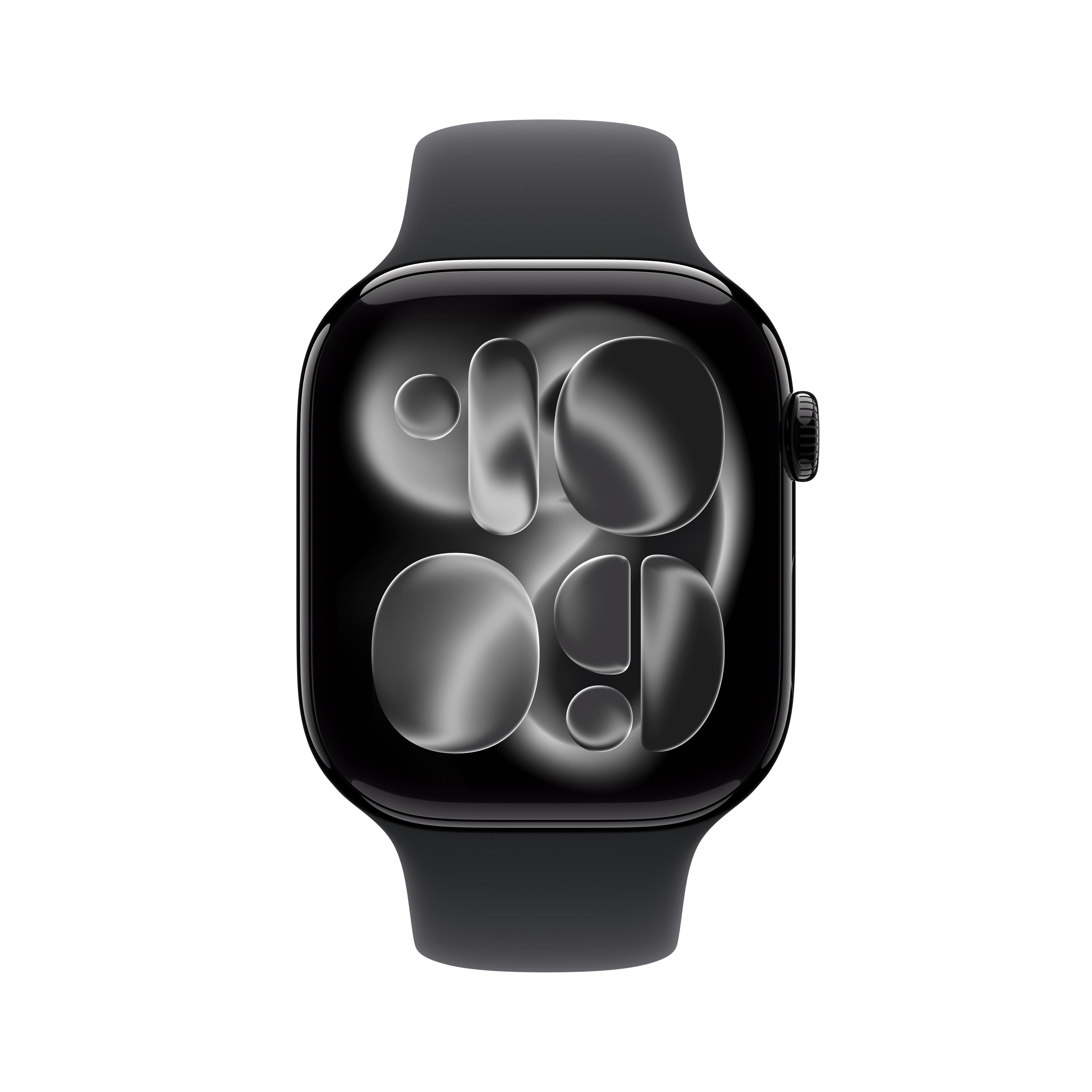 Eine schwarze Apple Watch mit schwarzem Armband. Das Zifferblatt zeigt eine Digitaluhr in einer einzigartigen Schriftart.