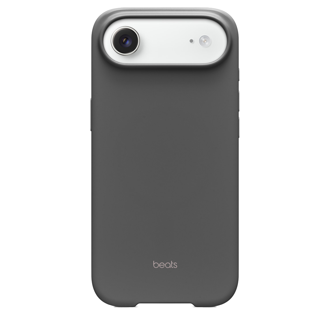 Een donkergrijze telefoonhoes met een witte camerasectie. De hoes heeft een Beats-logo onderaan. De achtergrond is zwart.