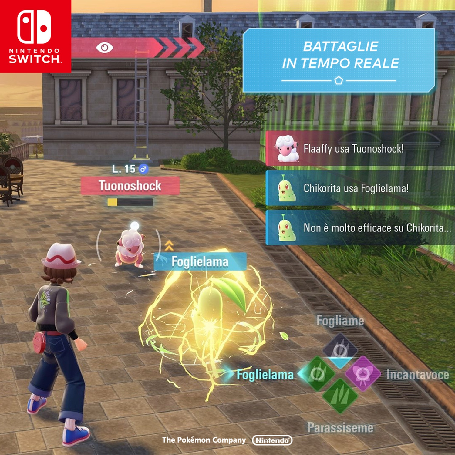 Una scena di battaglia Pokémon. Un allenatore con un cappello guarda due Pokémon. Uno usa un attacco e l'altro brilla.