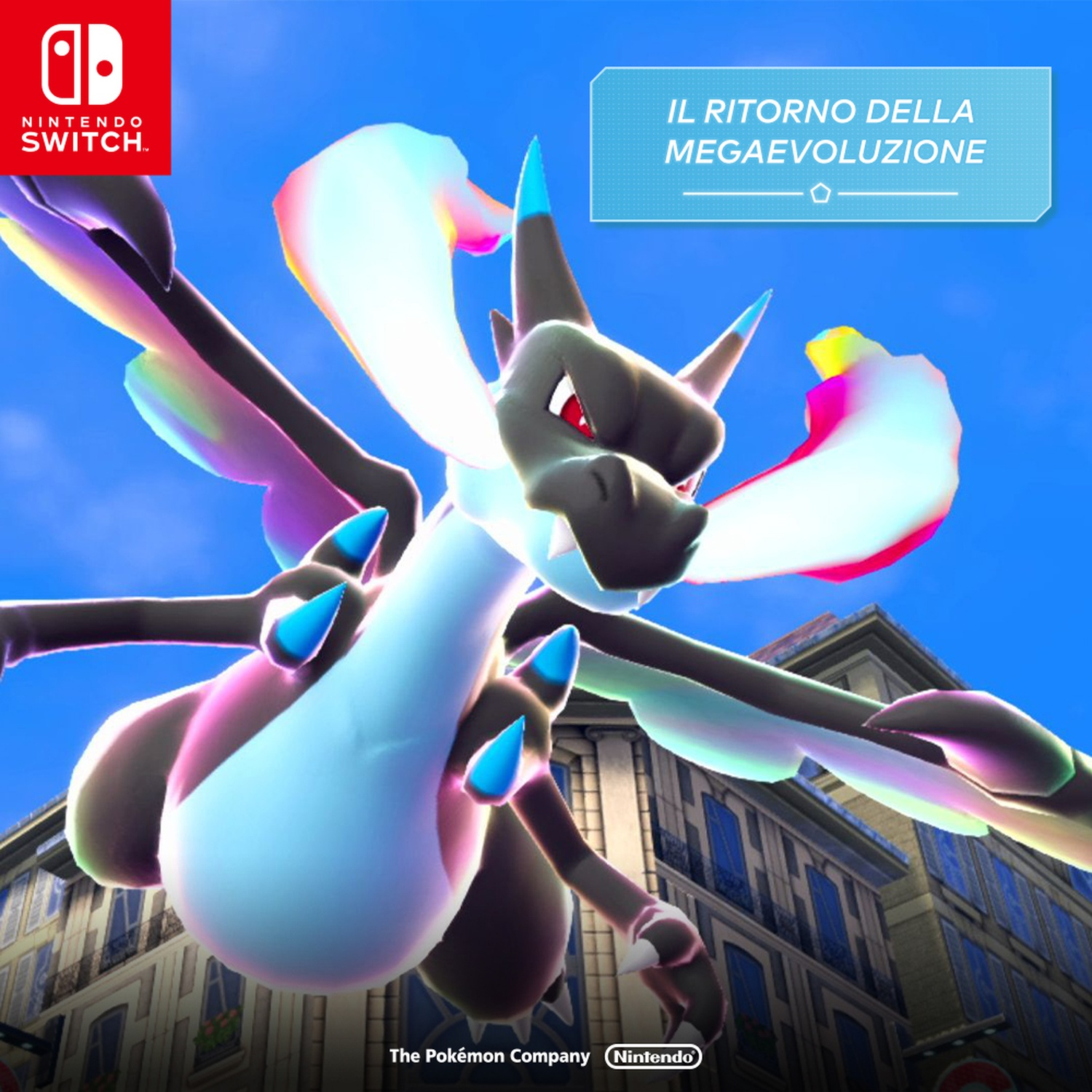 Una creatura simile a Charizard con accenti blu vola sopra un edificio. Il logo Nintendo Switch è in alto a sinistra.