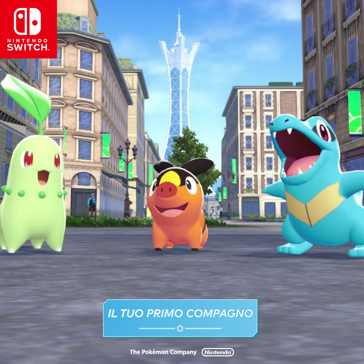 Tre personaggi di Pokémon in un ambiente urbano. Chikorita, Fuecoco e Totodile sono in una strada di ciottoli.