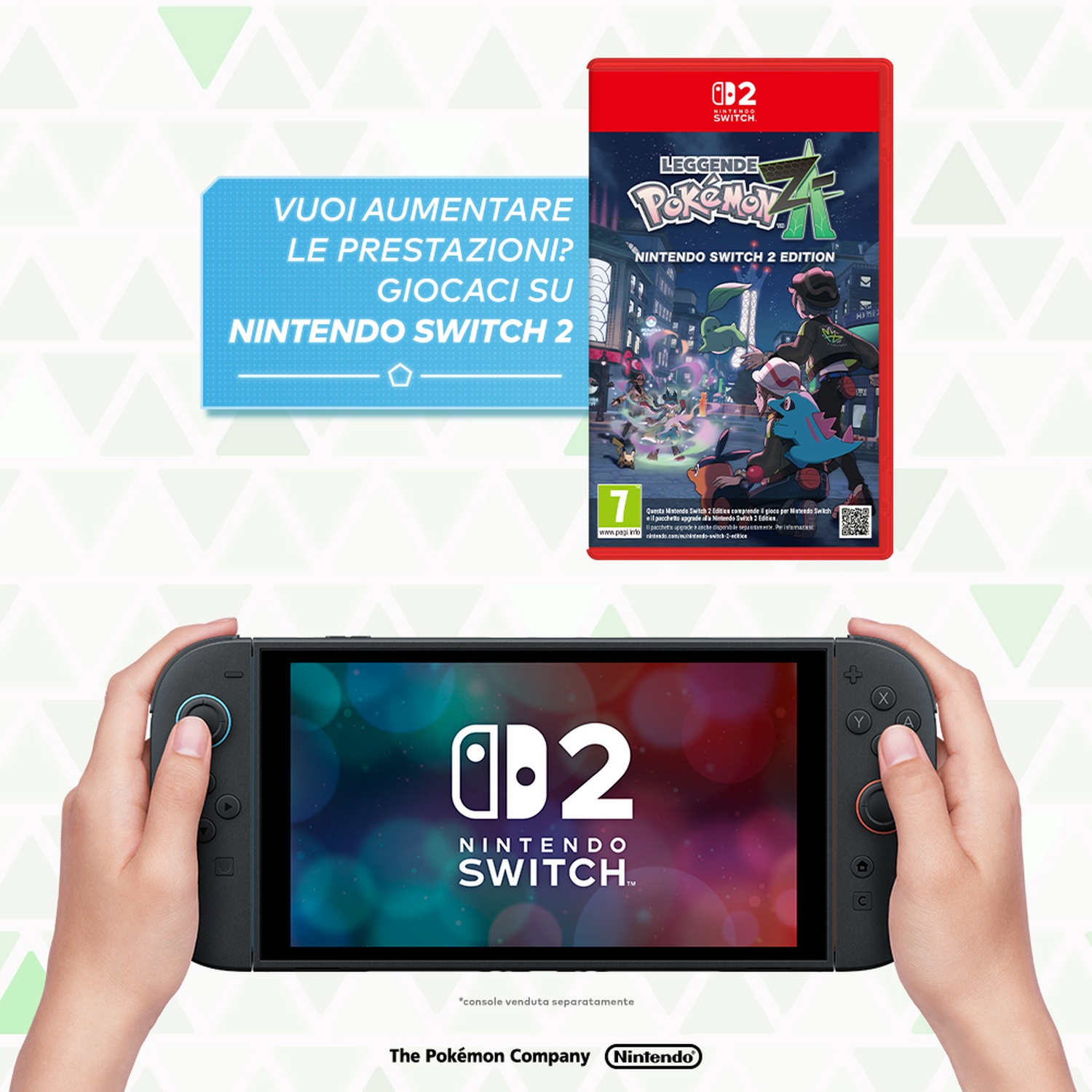 Mani che tengono una Nintendo Switch 2, con una scatola di gioco di Pokémon Legends: Arceus a destra e una pubblicità a sinistra.